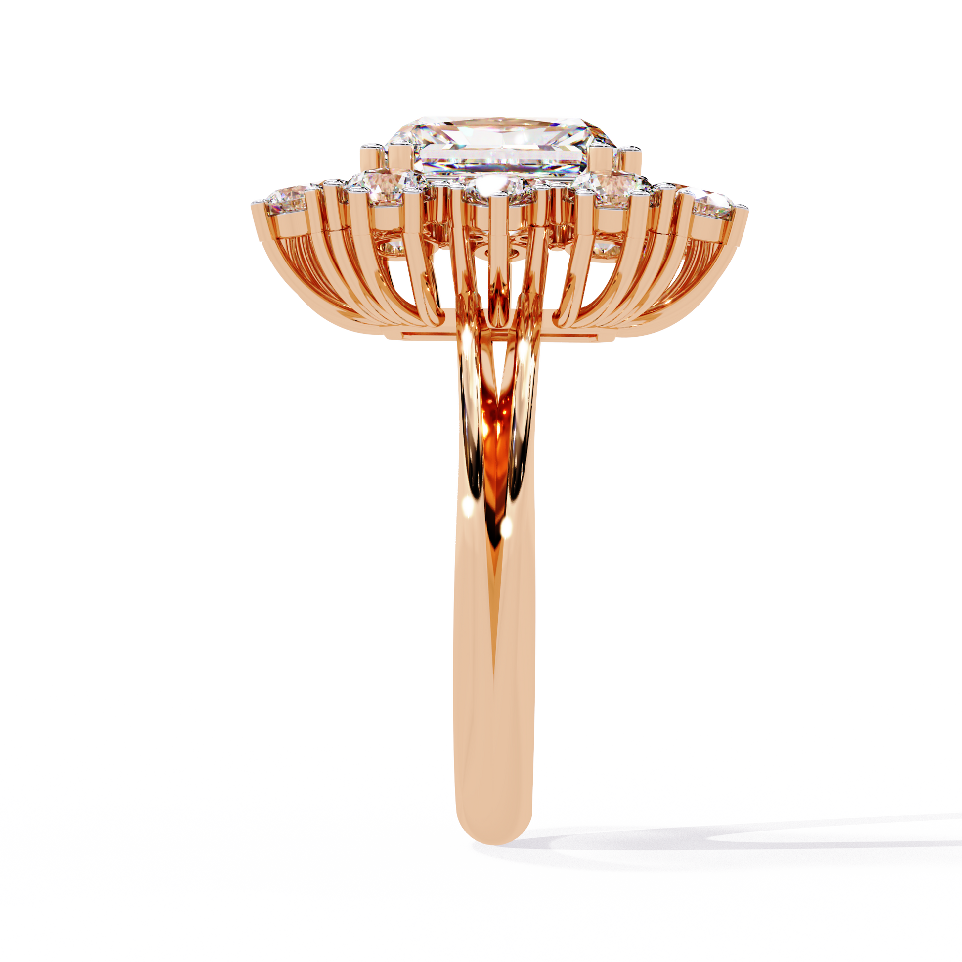 ring showcases a brilliant Radiant-cut diamond framed by an exquisite floral-inspired cluster halo