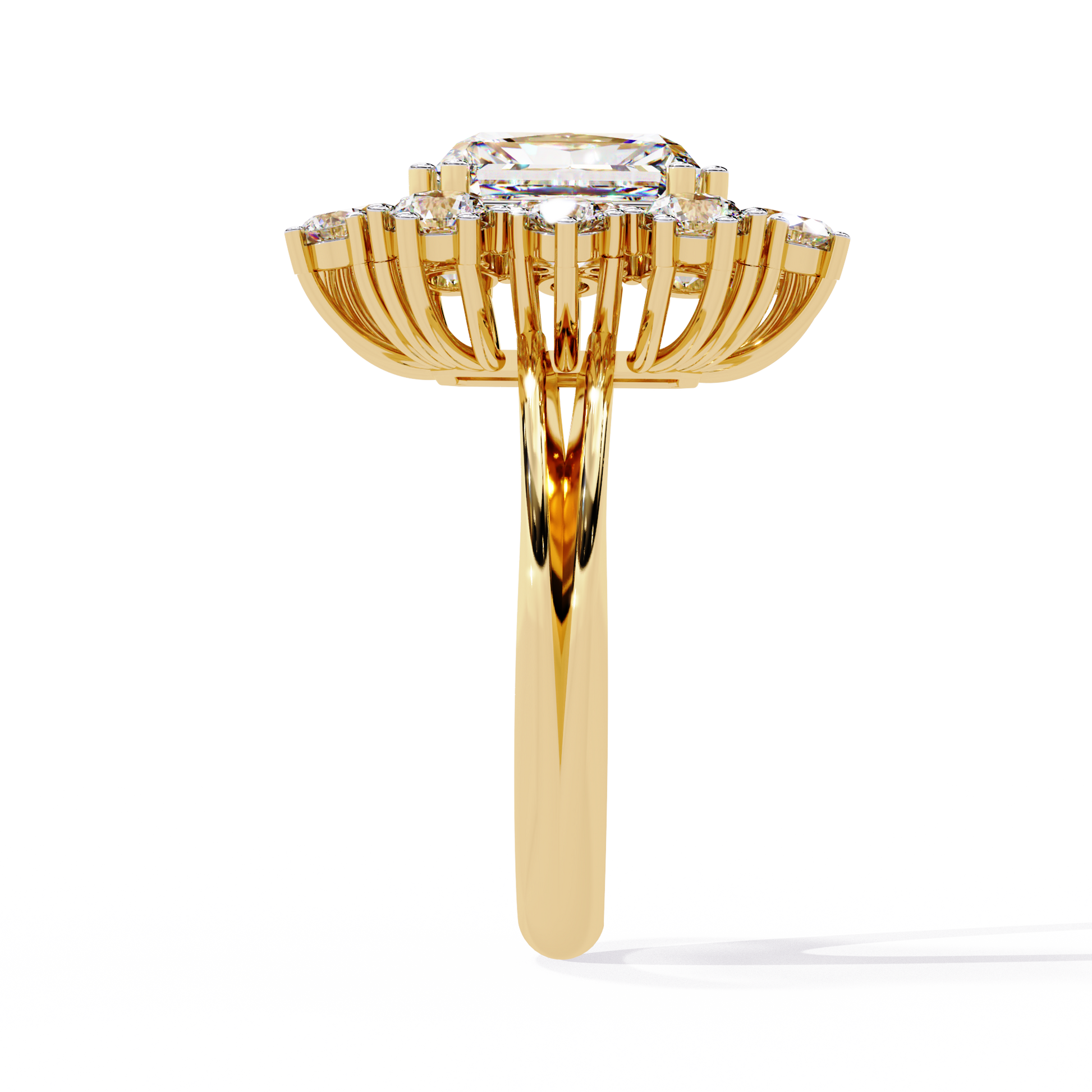 ring showcases a brilliant Radiant-cut diamond framed by an exquisite floral-inspired cluster halo