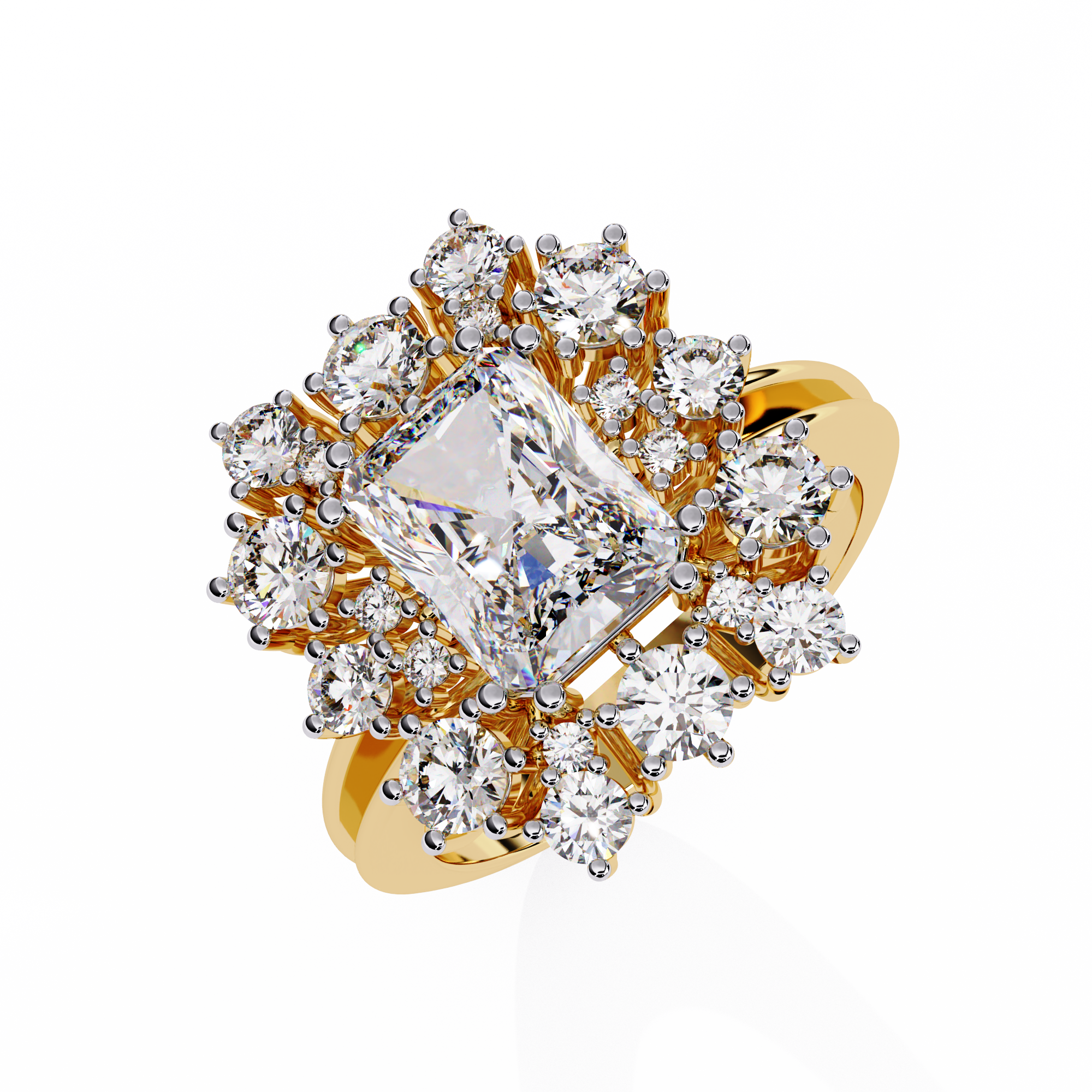 ring showcases a brilliant Radiant-cut diamond framed by an exquisite floral-inspired cluster halo