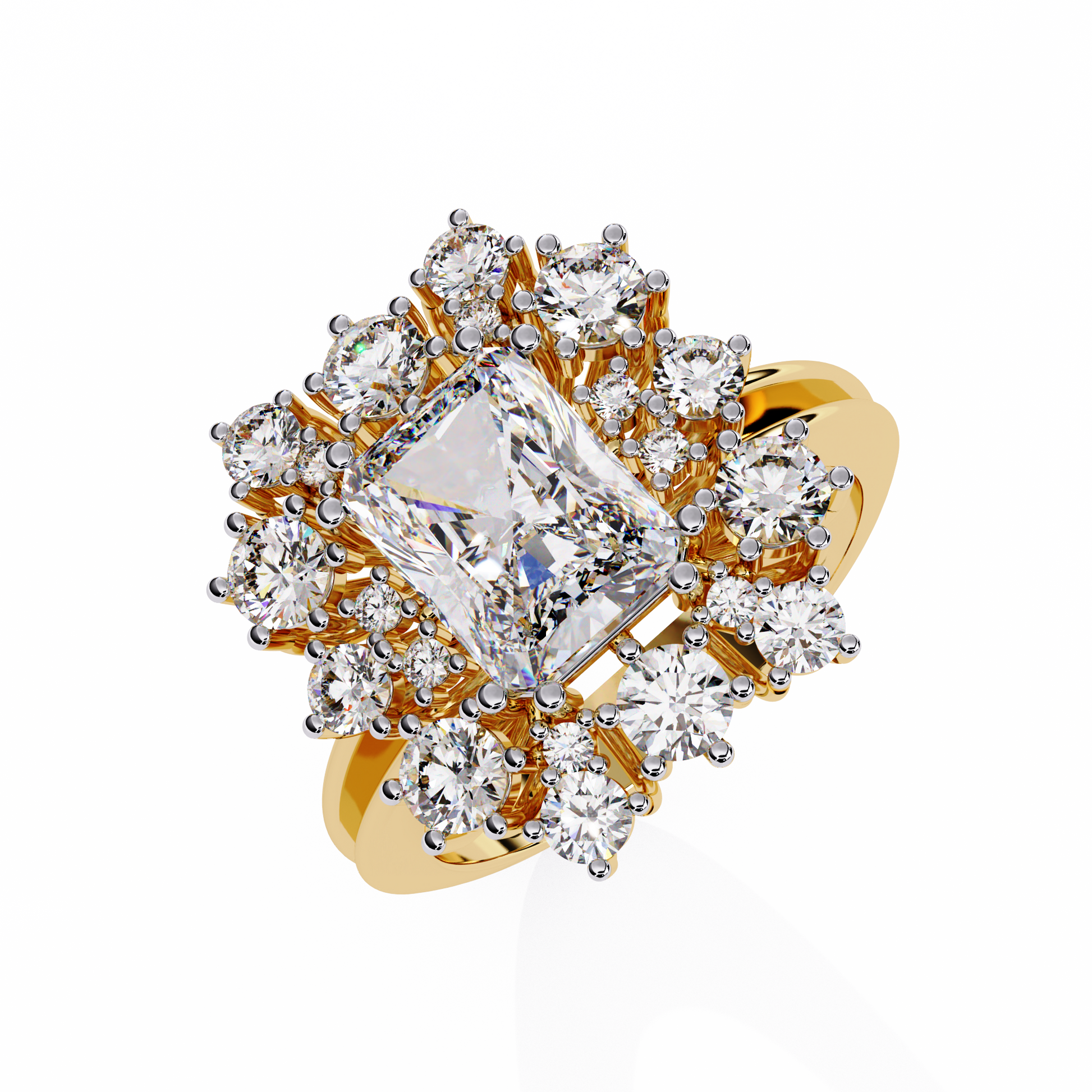 ring showcases a brilliant Radiant-cut diamond framed by an exquisite floral-inspired cluster halo
