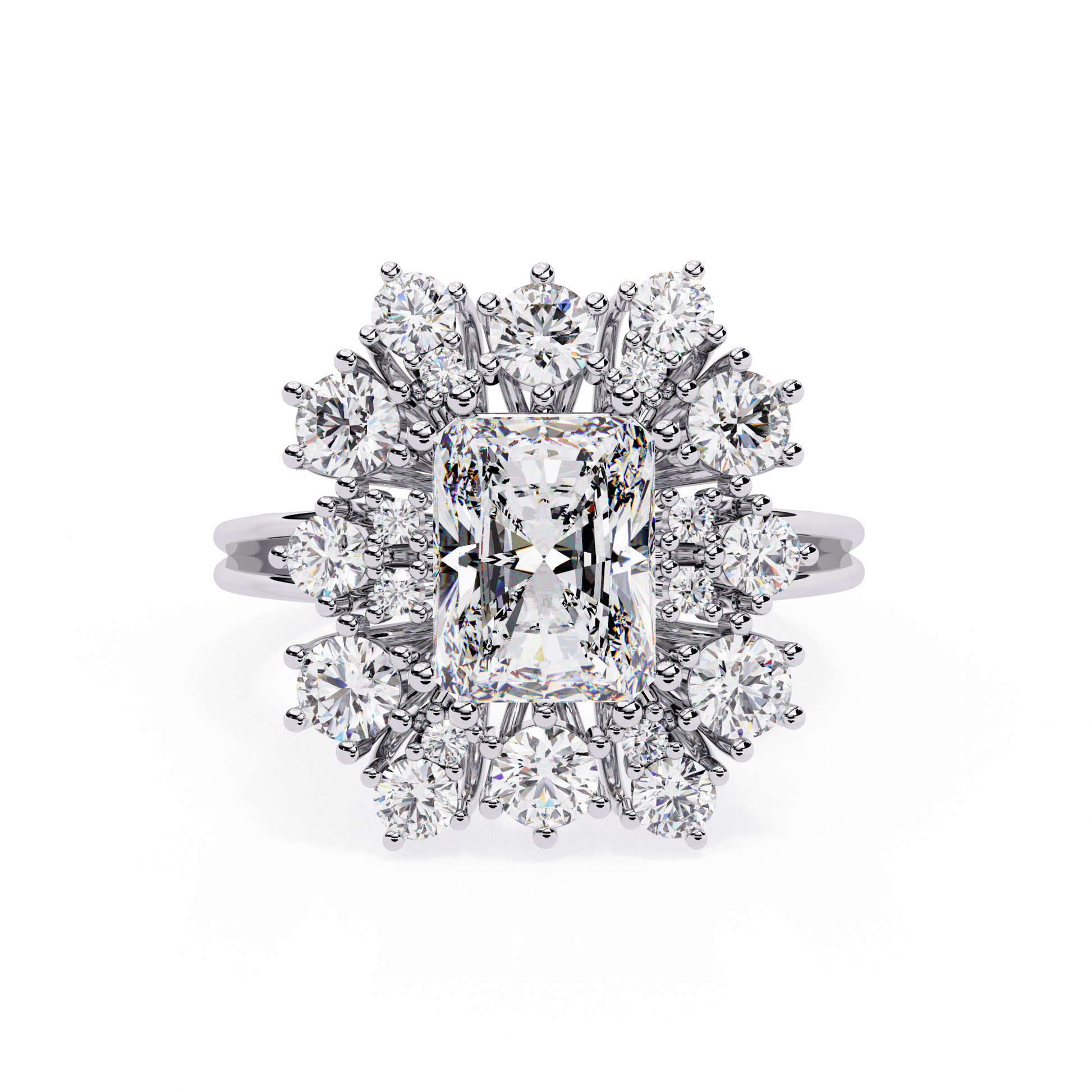 ring showcases a brilliant Radiant-cut diamond framed by an exquisite floral-inspired cluster halo