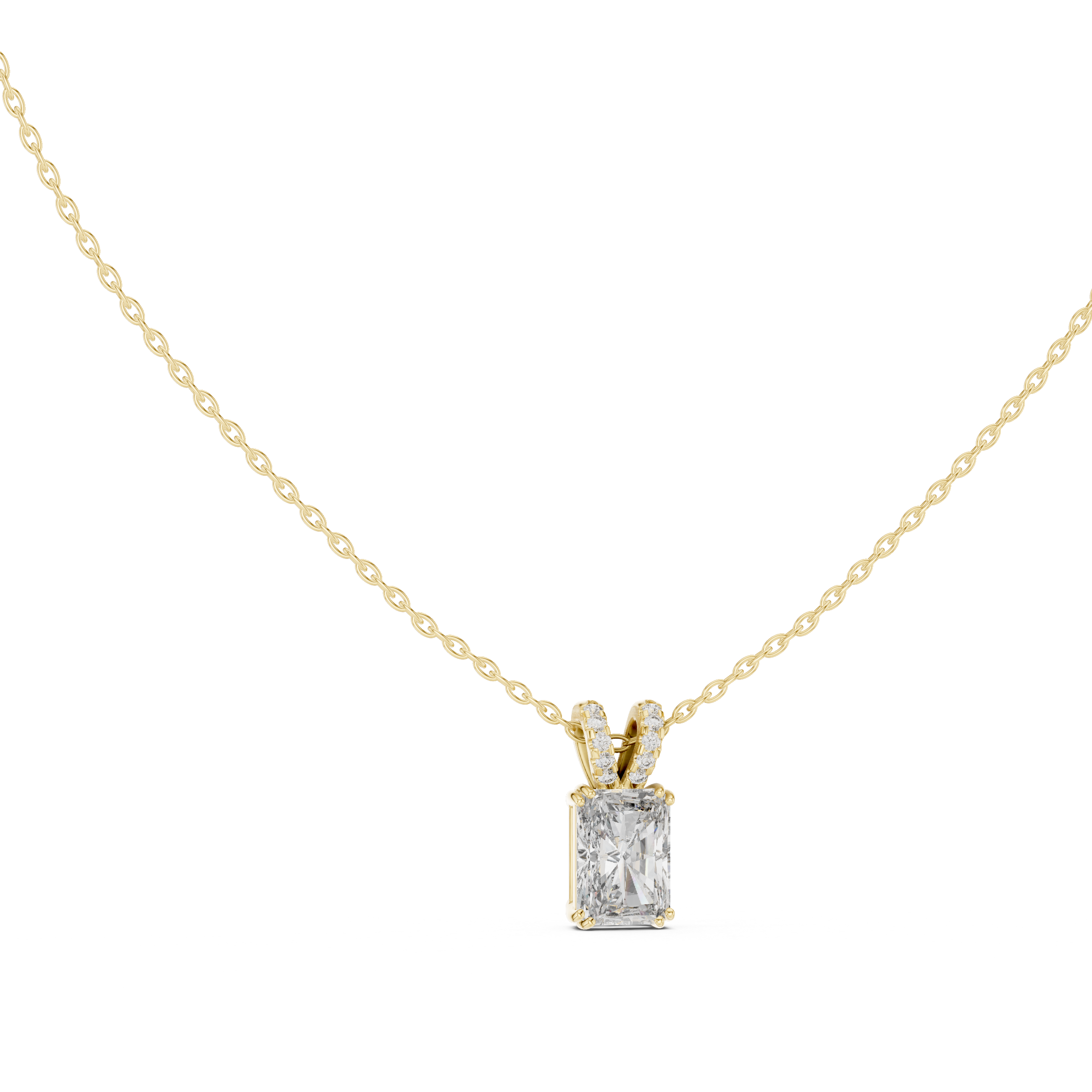 substantial Radiant-cut diamond suspended from a high-polish 18K Gold V-loop encrusted with shimmering pavé diamonds