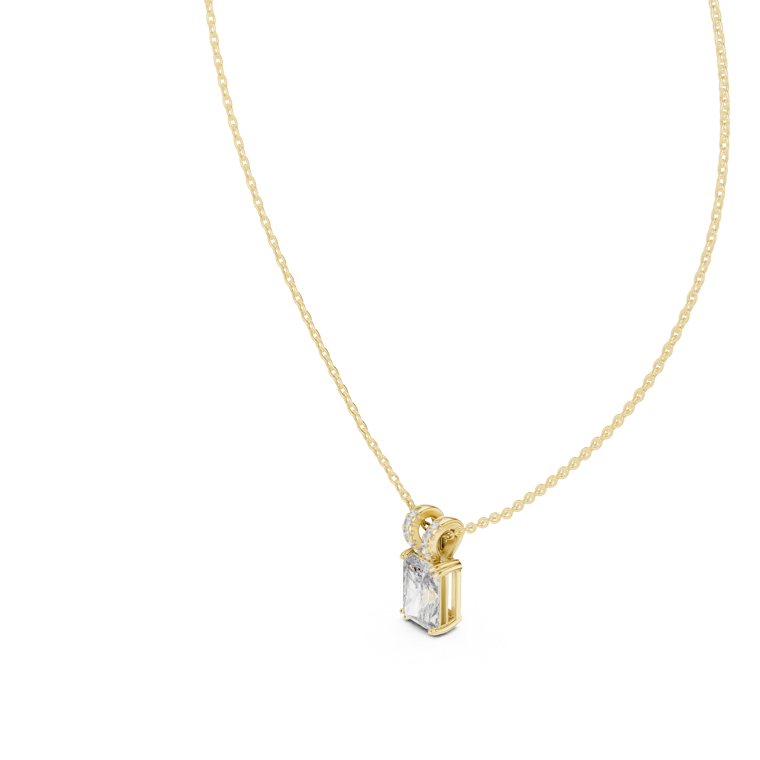 substantial Radiant-cut diamond suspended from a high-polish 18K Gold V-loop encrusted with shimmering pavé diamonds