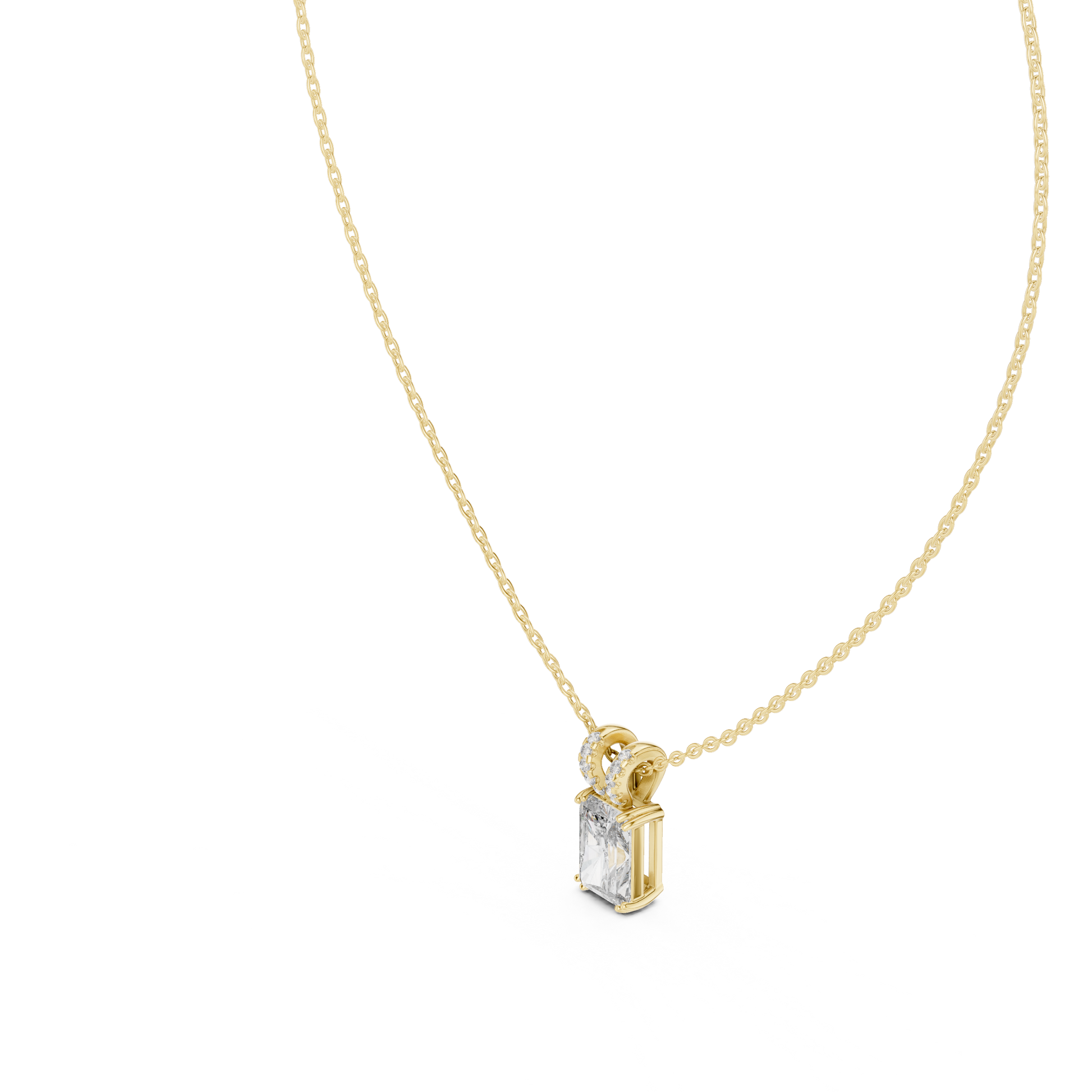 substantial Radiant-cut diamond suspended from a high-polish 18K Gold V-loop encrusted with shimmering pavé diamonds