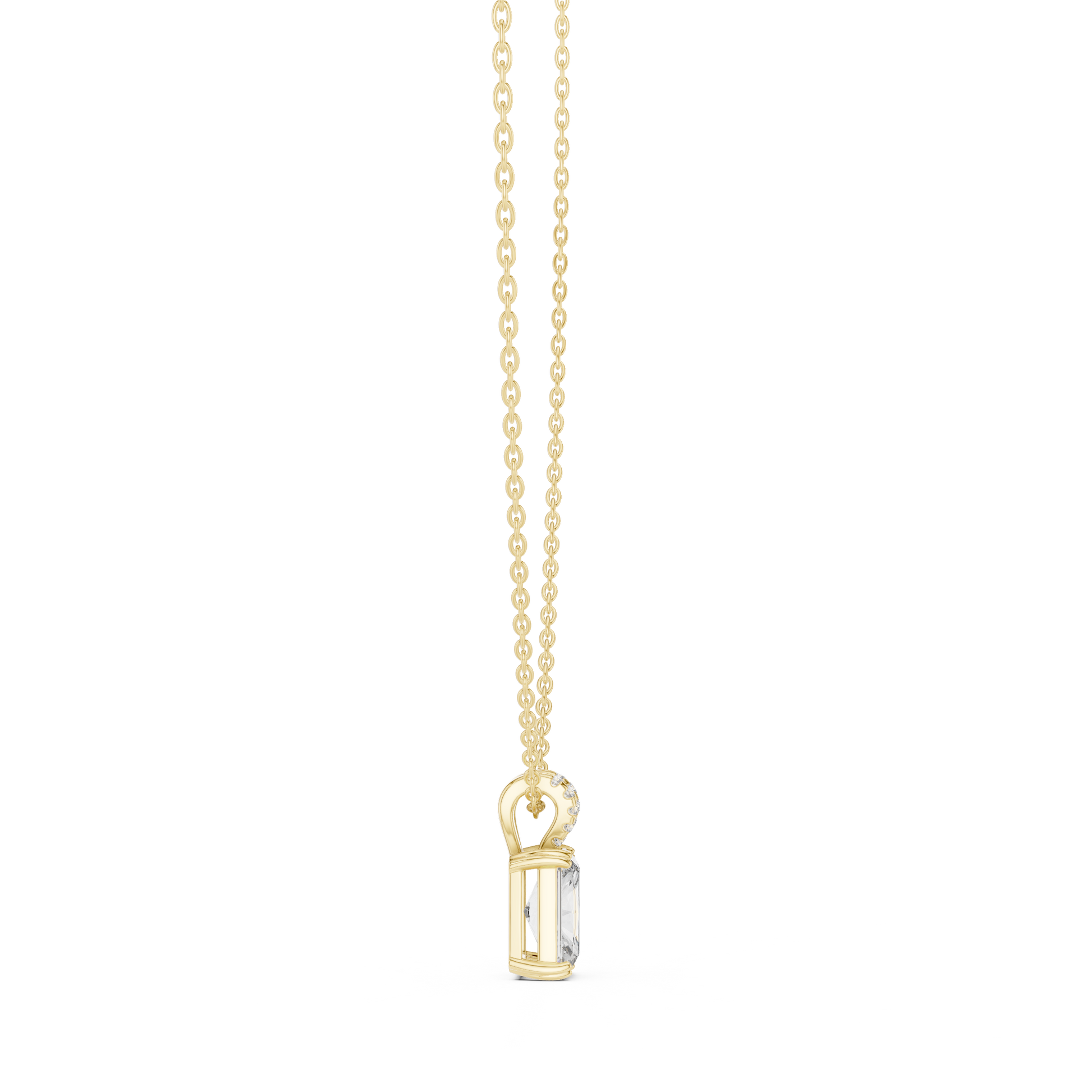 substantial Radiant-cut diamond suspended from a high-polish 18K Gold V-loop encrusted with shimmering pavé diamonds