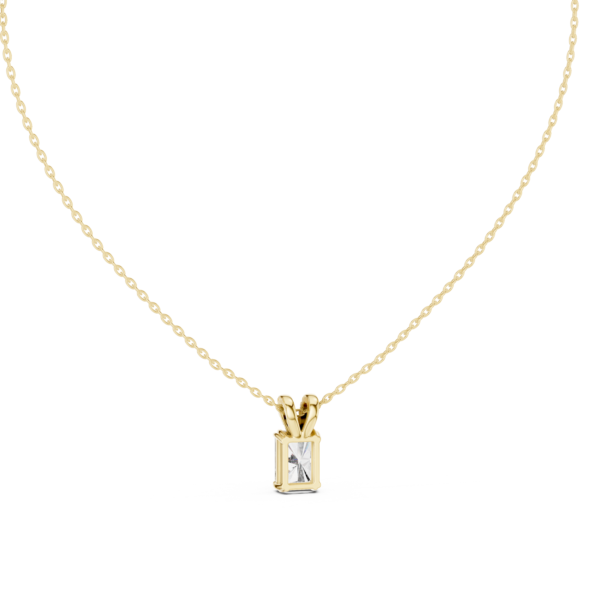 substantial Radiant-cut diamond suspended from a high-polish 18K Gold V-loop encrusted with shimmering pavé diamonds
