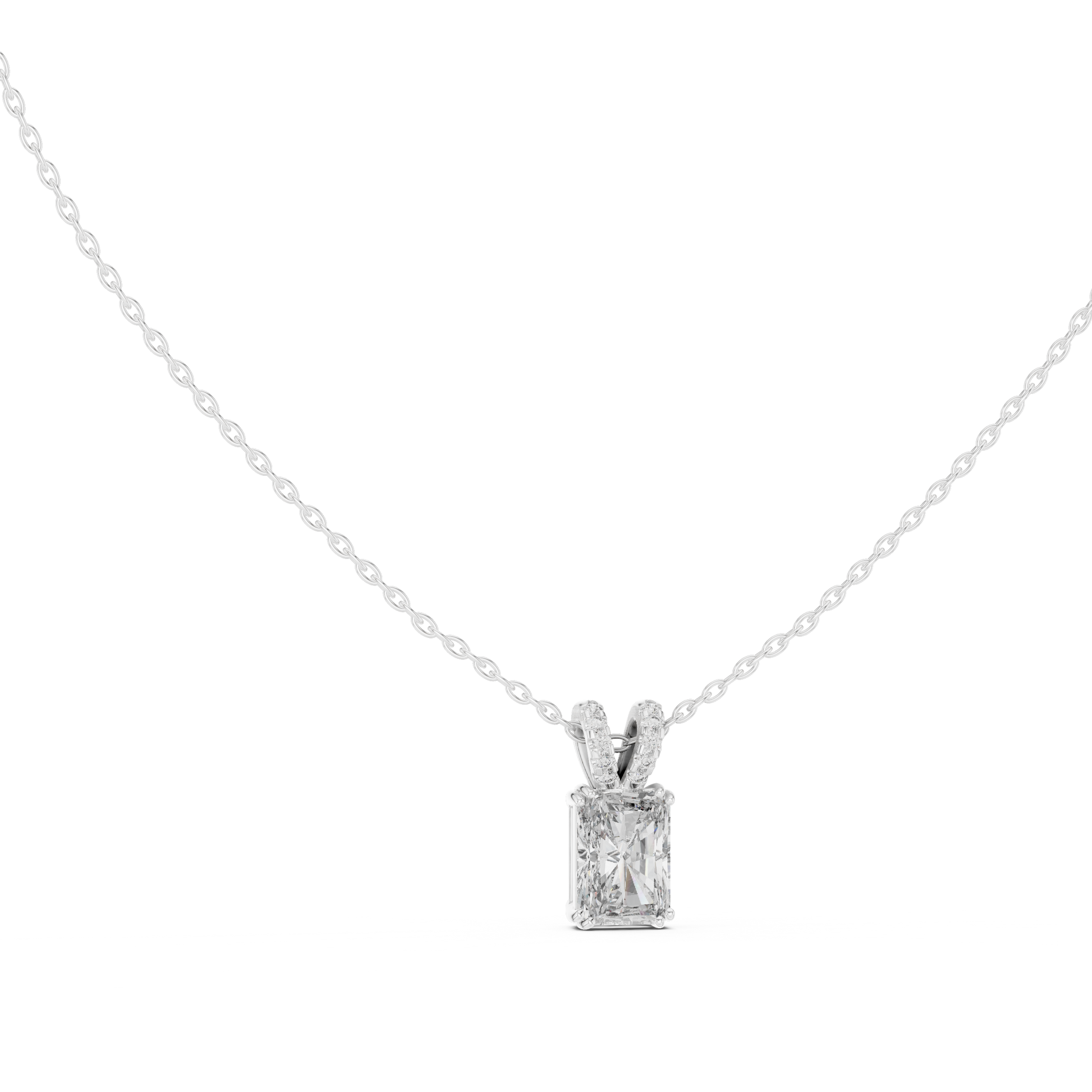 substantial Radiant-cut diamond suspended from a high-polish 18K Gold V-loop encrusted with shimmering pavé diamonds