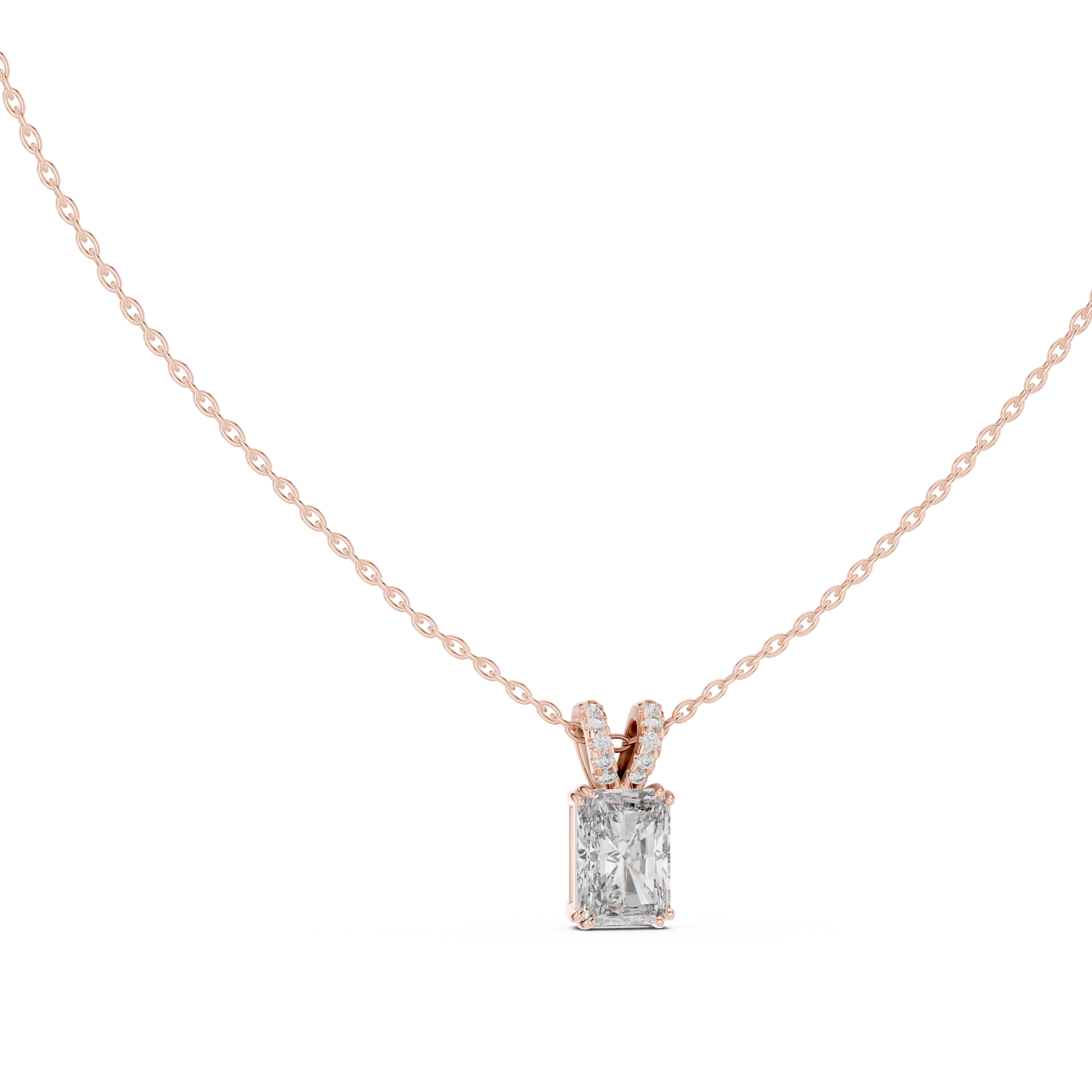 substantial Radiant-cut diamond suspended from a high-polish 18K Gold V-loop encrusted with shimmering pavé diamonds