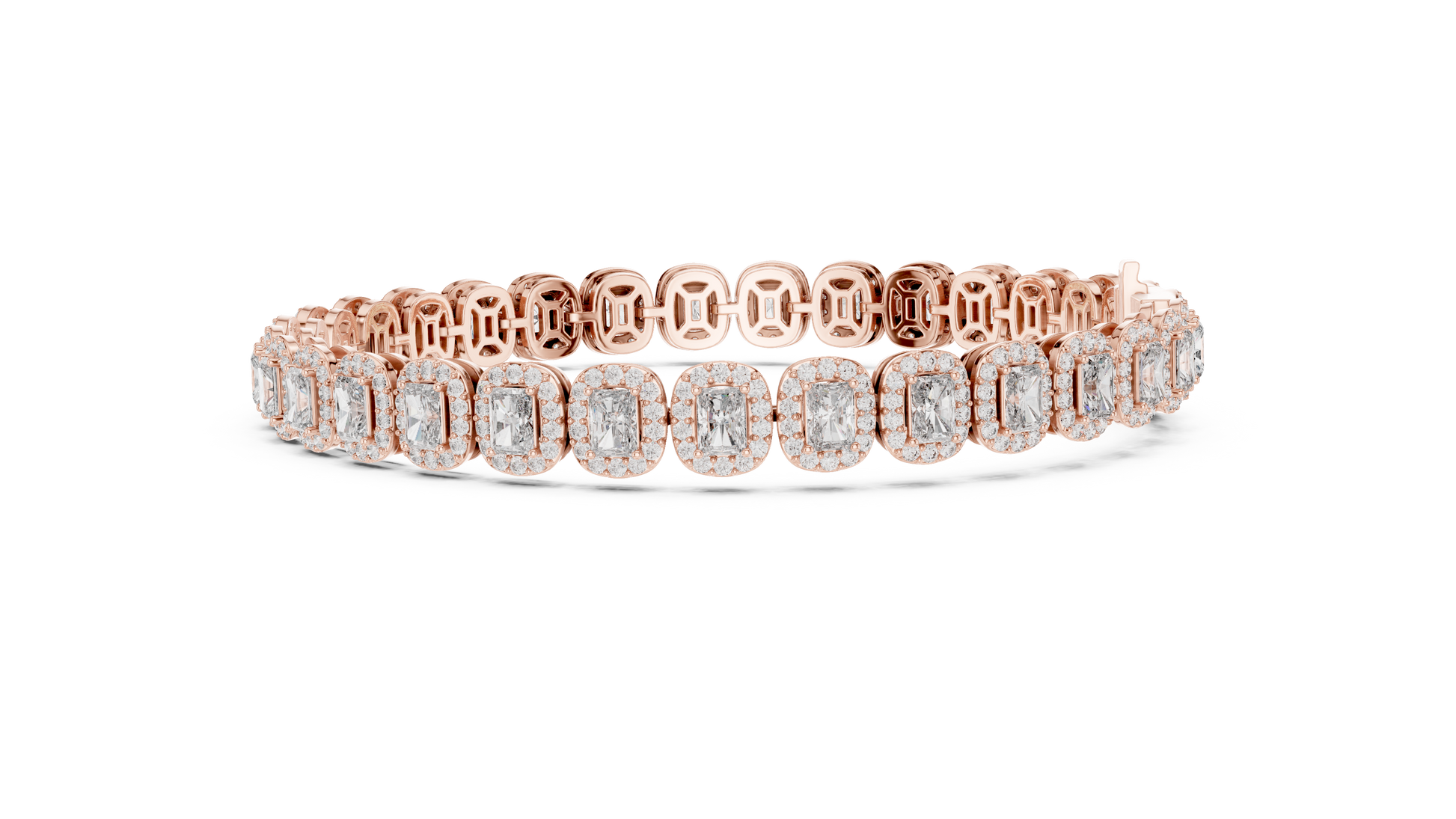 Rose gold and diamond eternity ring on a white background