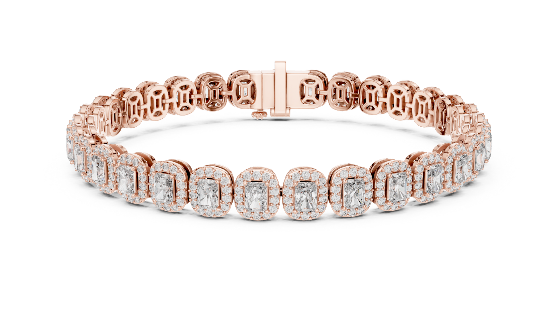 Rose gold bracelet with diamond accents on a white background