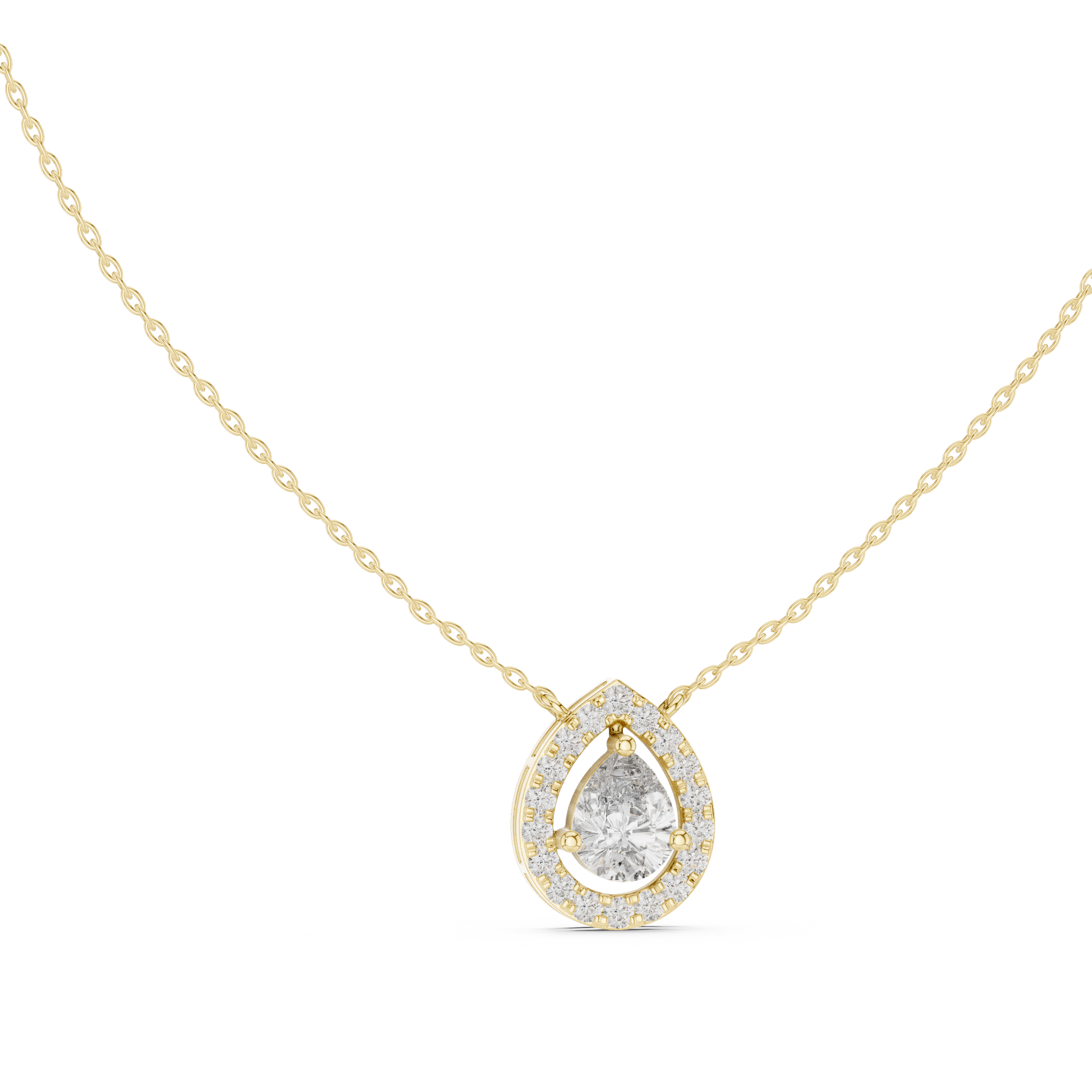 Gold necklace with a teardrop-shaped diamond pendant on a white background