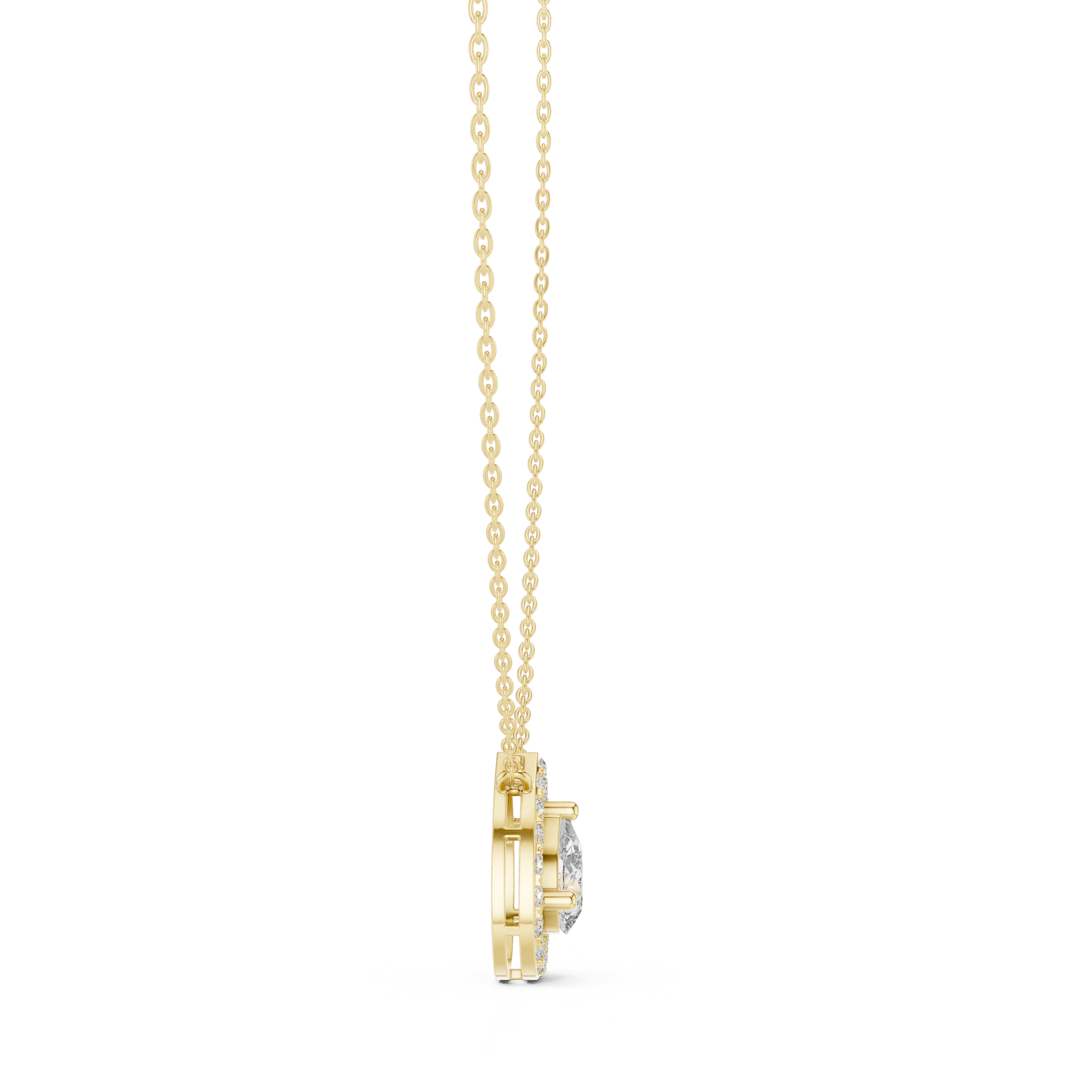 Gold necklace with a diamond pendant on a white background