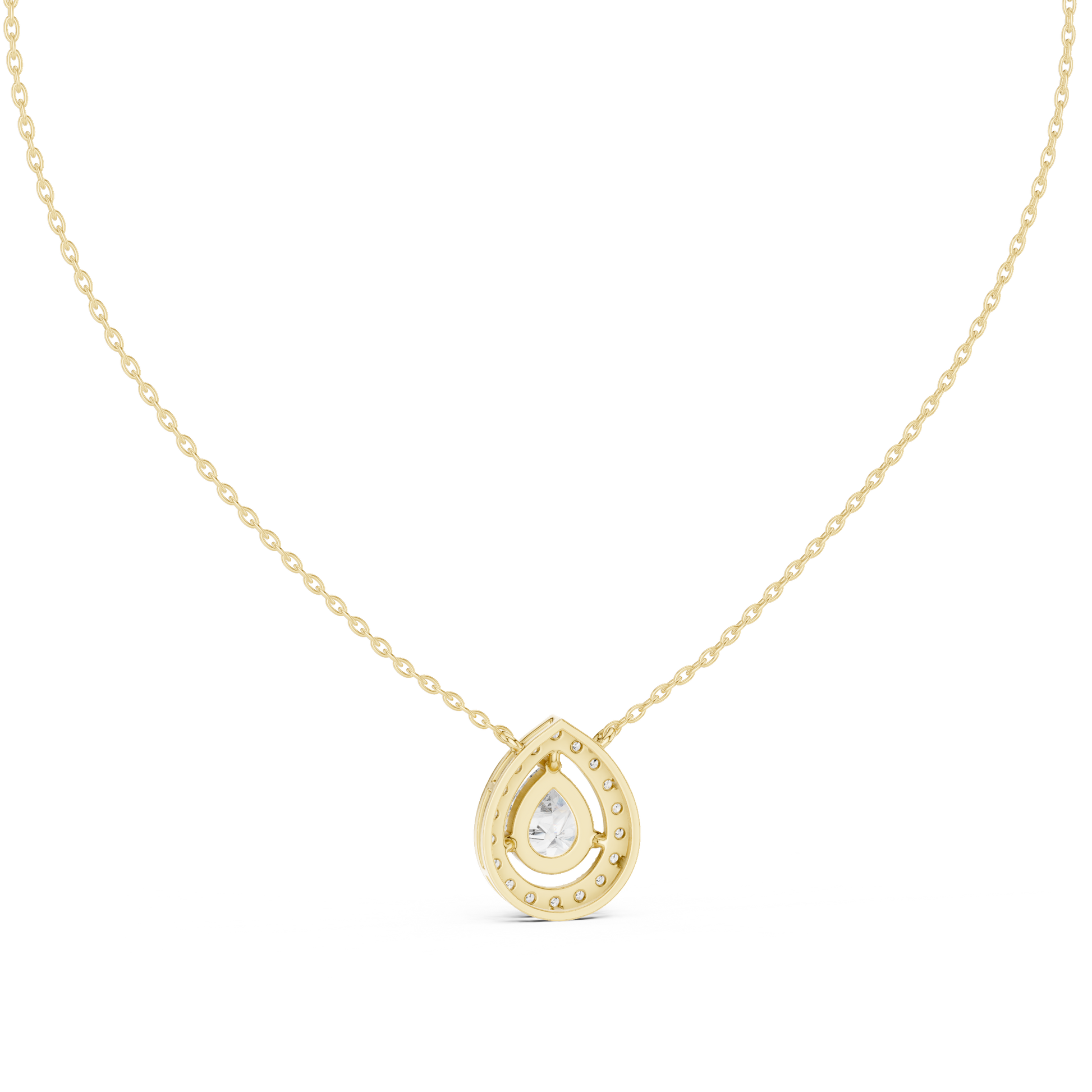 Gold necklace with a teardrop-shaped pendant on a white background