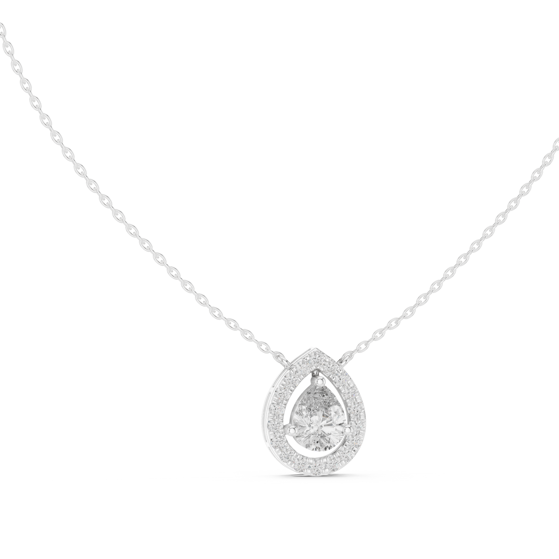 Teardrop-shaped diamond pendant on a chain against a white background
