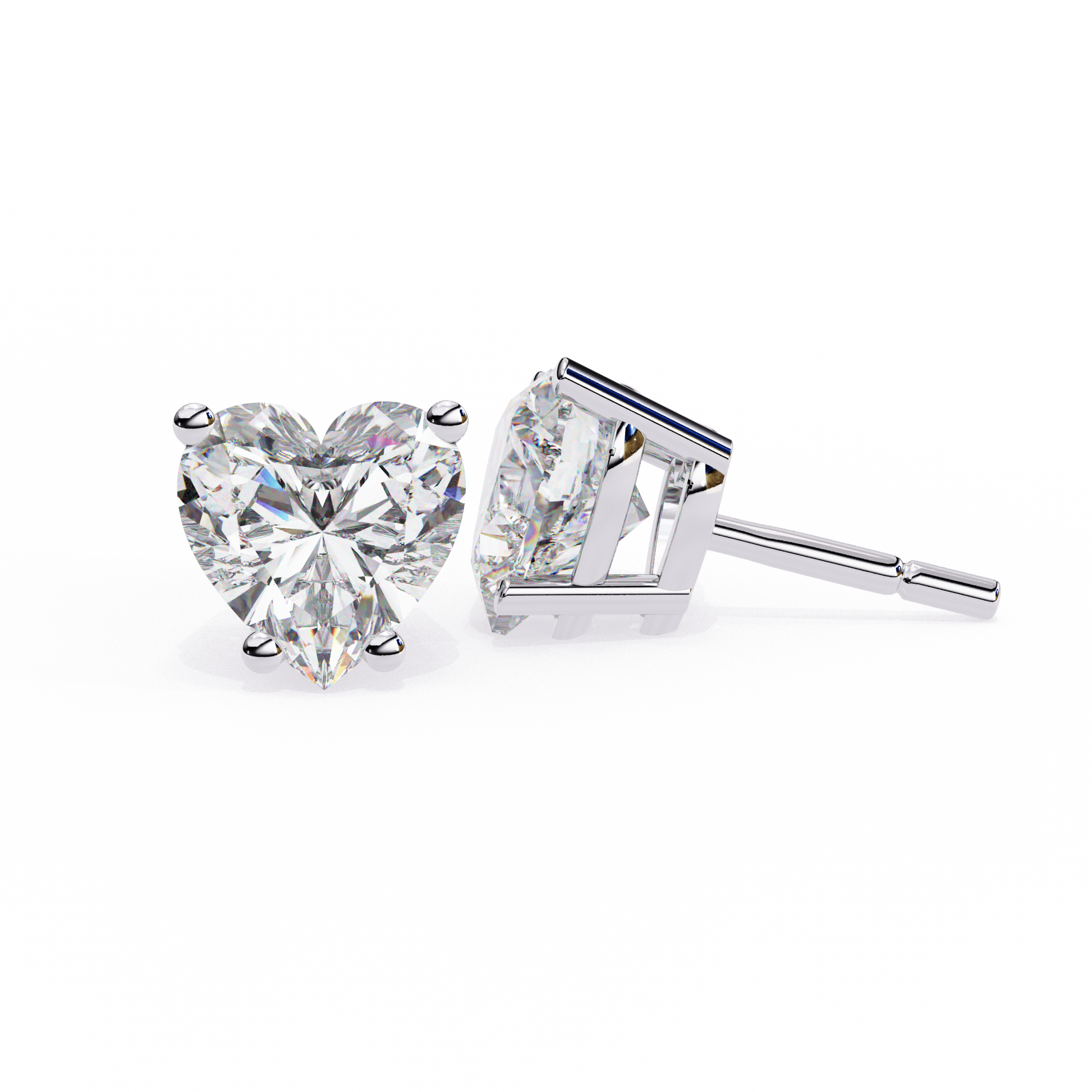 Heart-shaped and rectangular diamond stud earrings on a white background