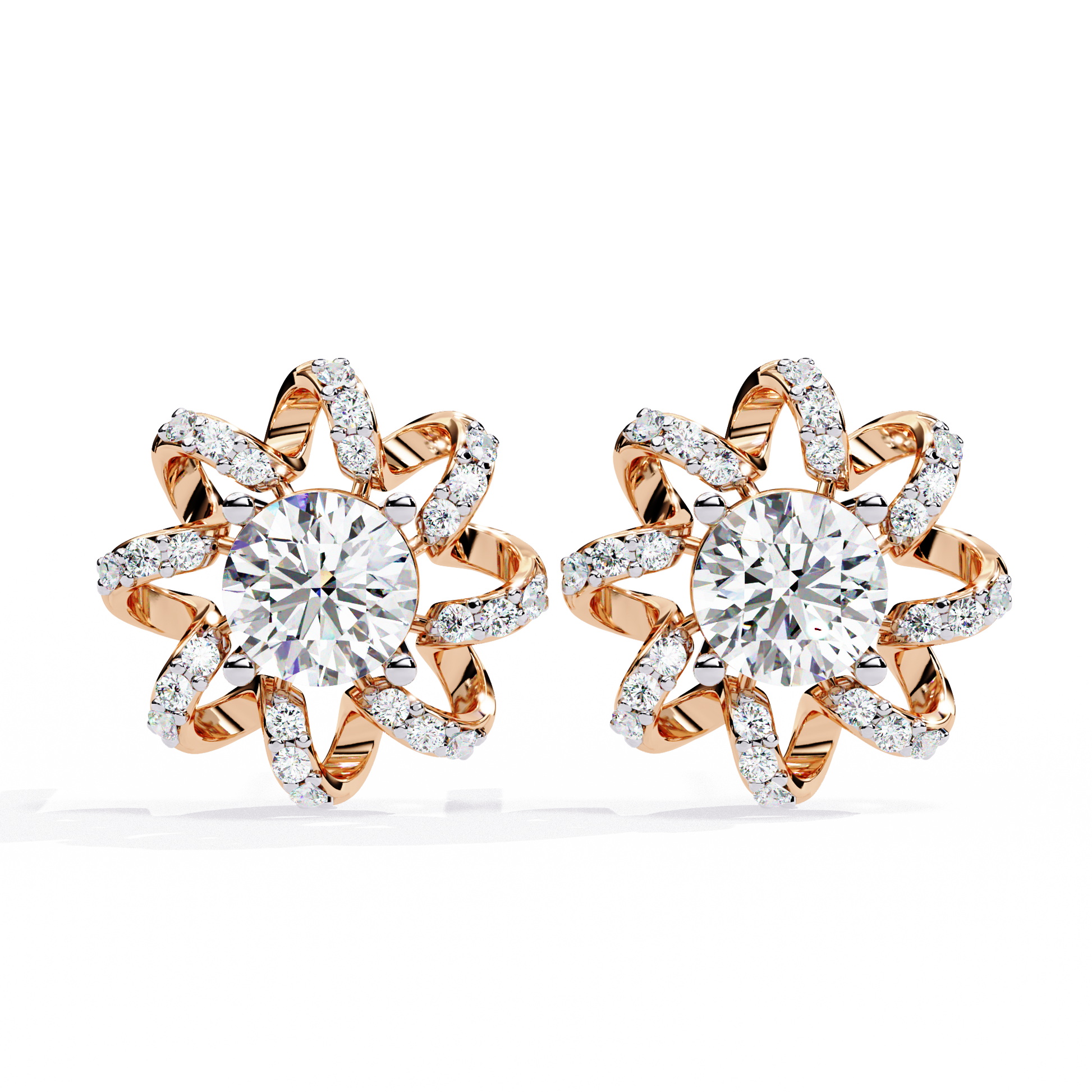 Rose gold and diamond earrings on a white background