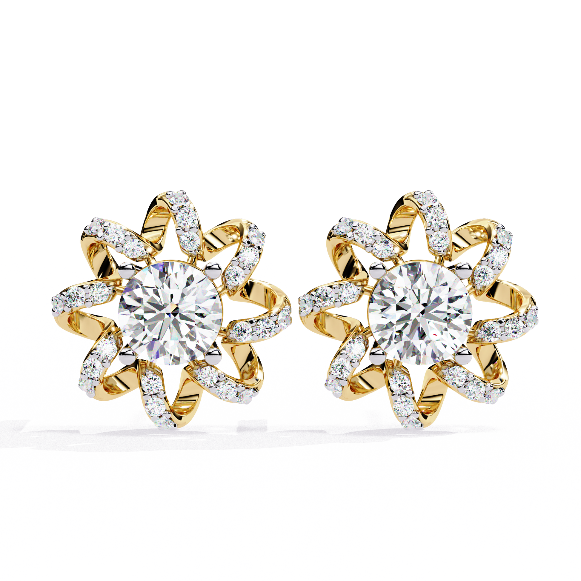 Gold and diamond earrings on a white background