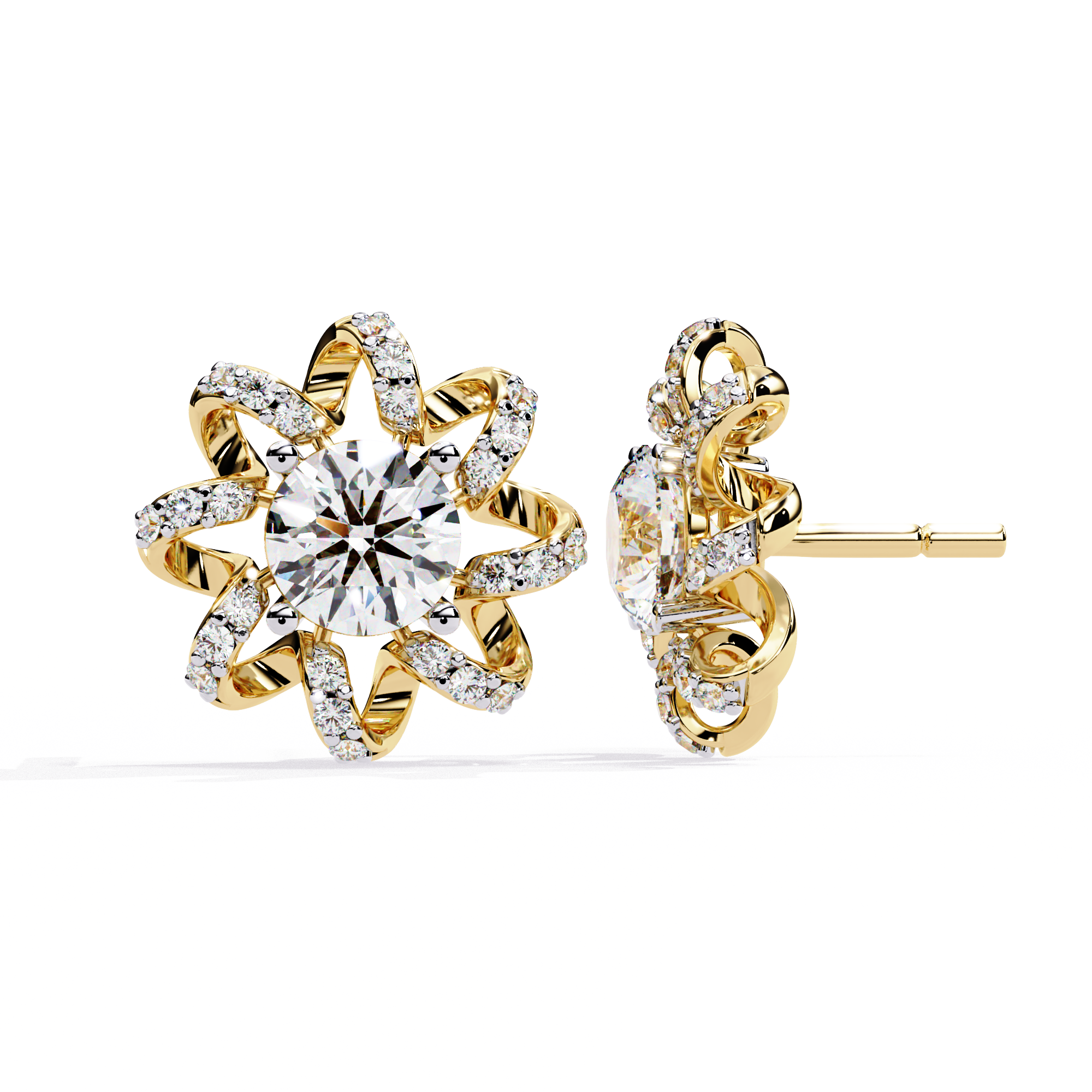 Gold and diamond earrings on a white background