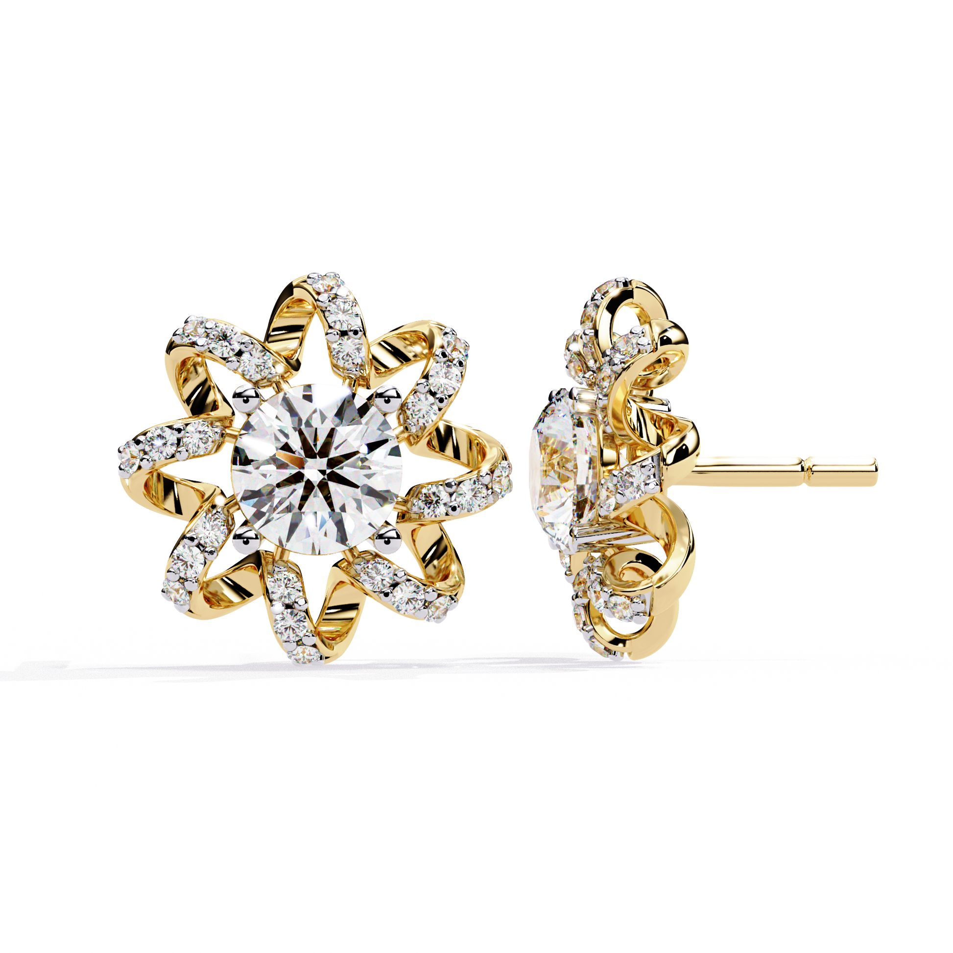 Gold and diamond earrings on a white background