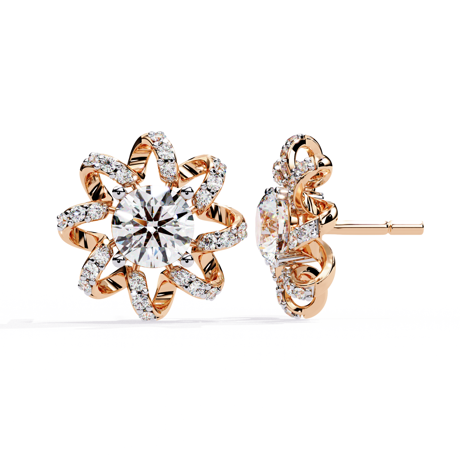 Rose gold earrings with large diamonds on a white background