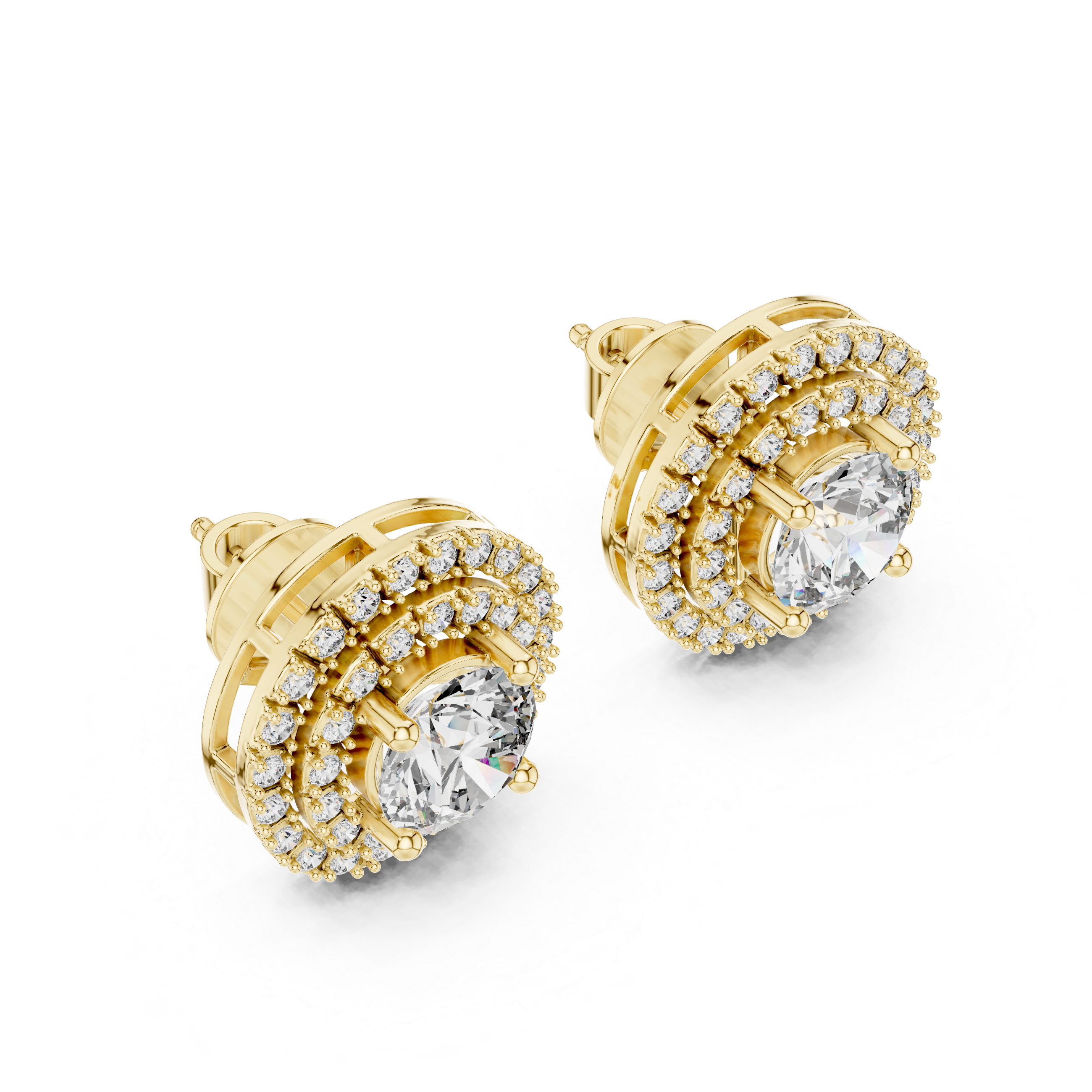 Gold and diamond earrings on a white background