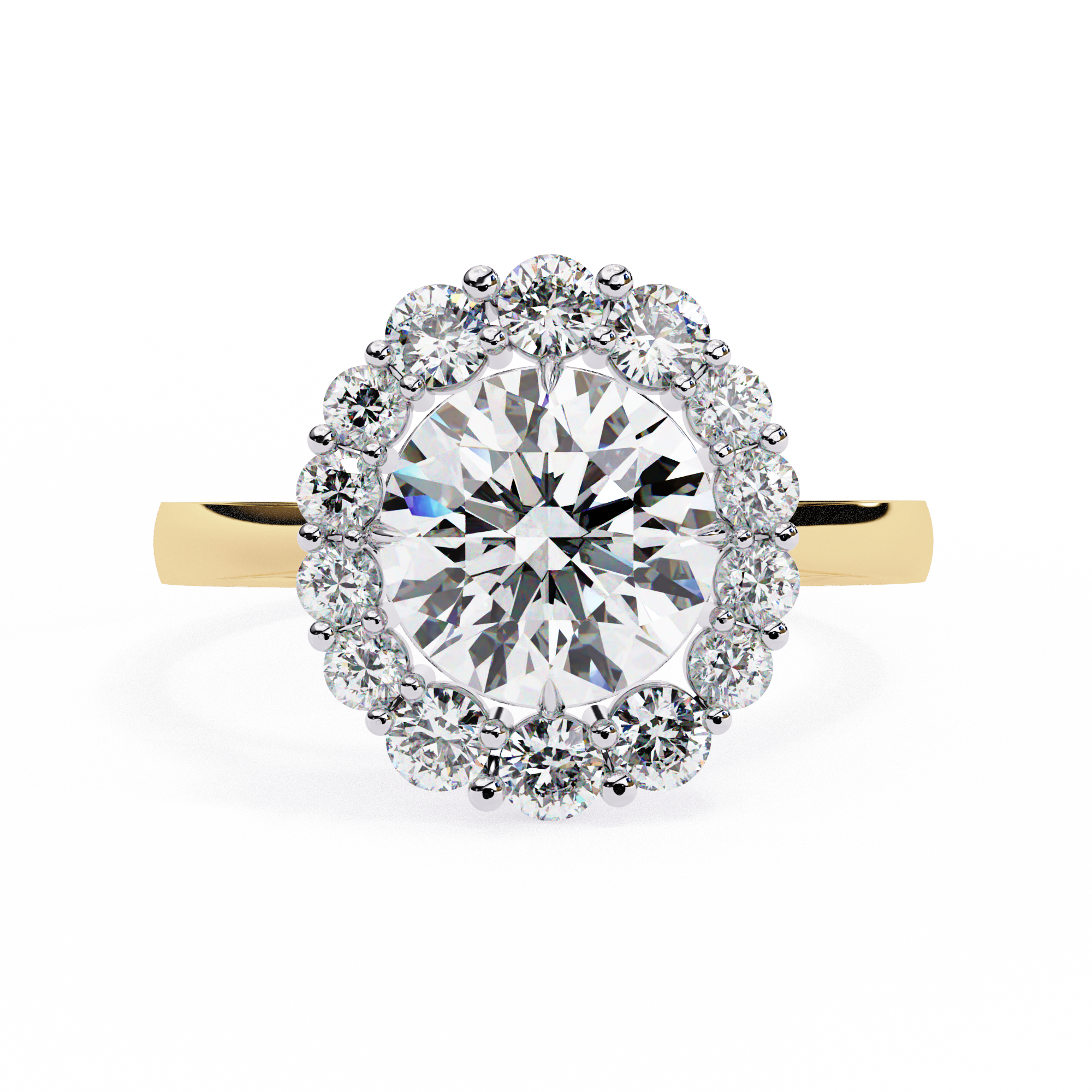 Features a brilliant Round Diamond centre framed by an oversized halo of shimmering accent diamonds