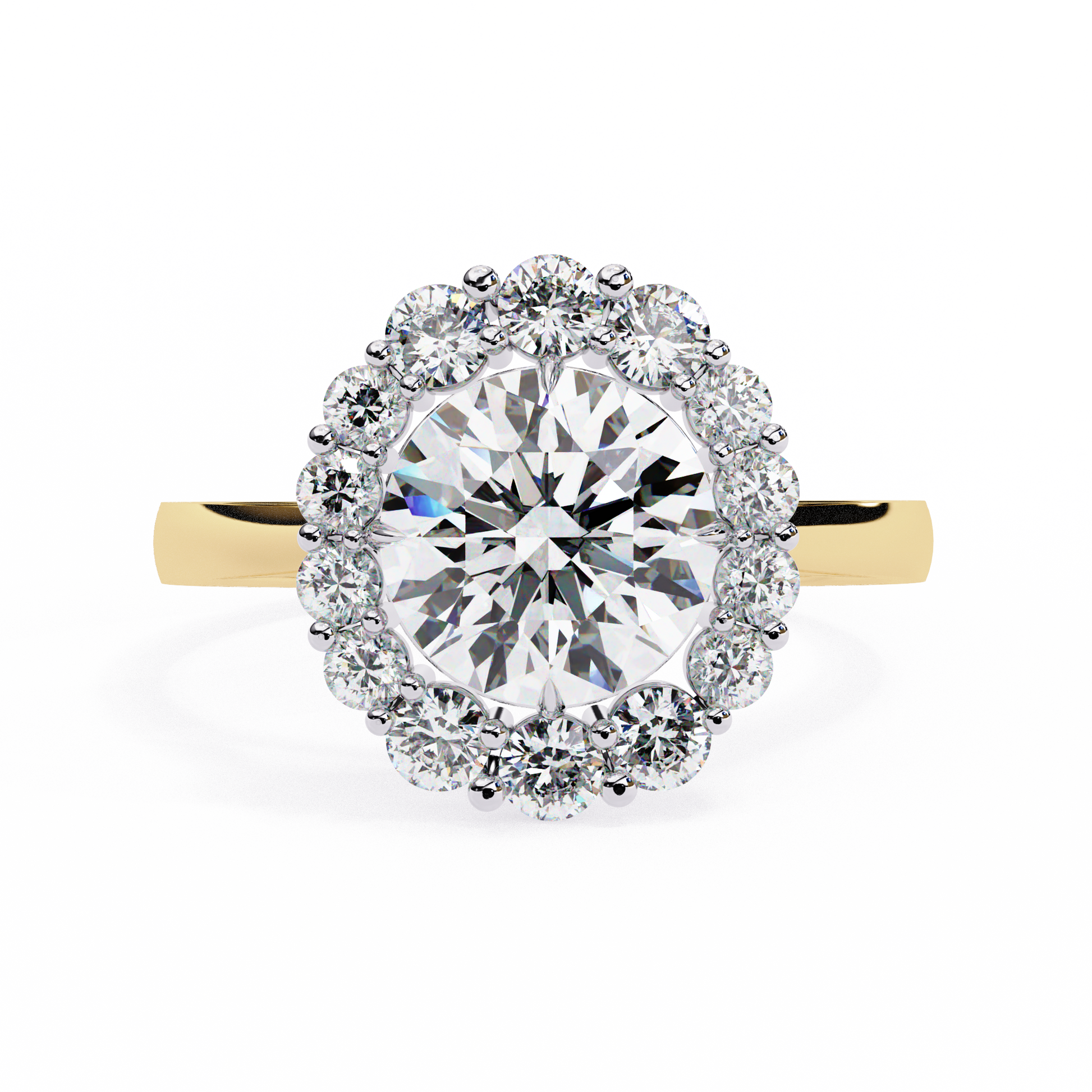 Features a brilliant Round Diamond centre framed by an oversized halo of shimmering accent diamonds