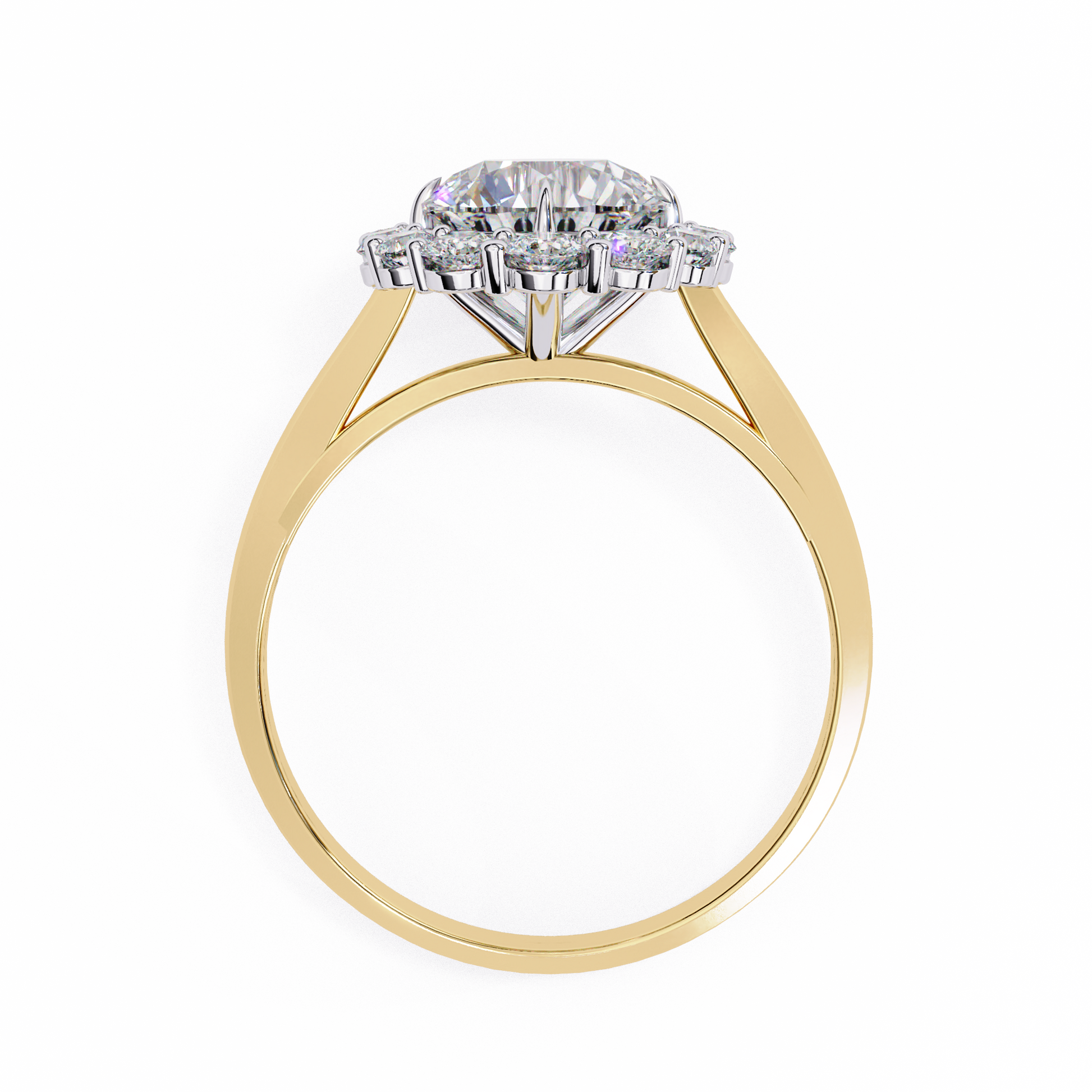Features a brilliant Round Diamond centre framed by an oversized halo of shimmering accent diamonds