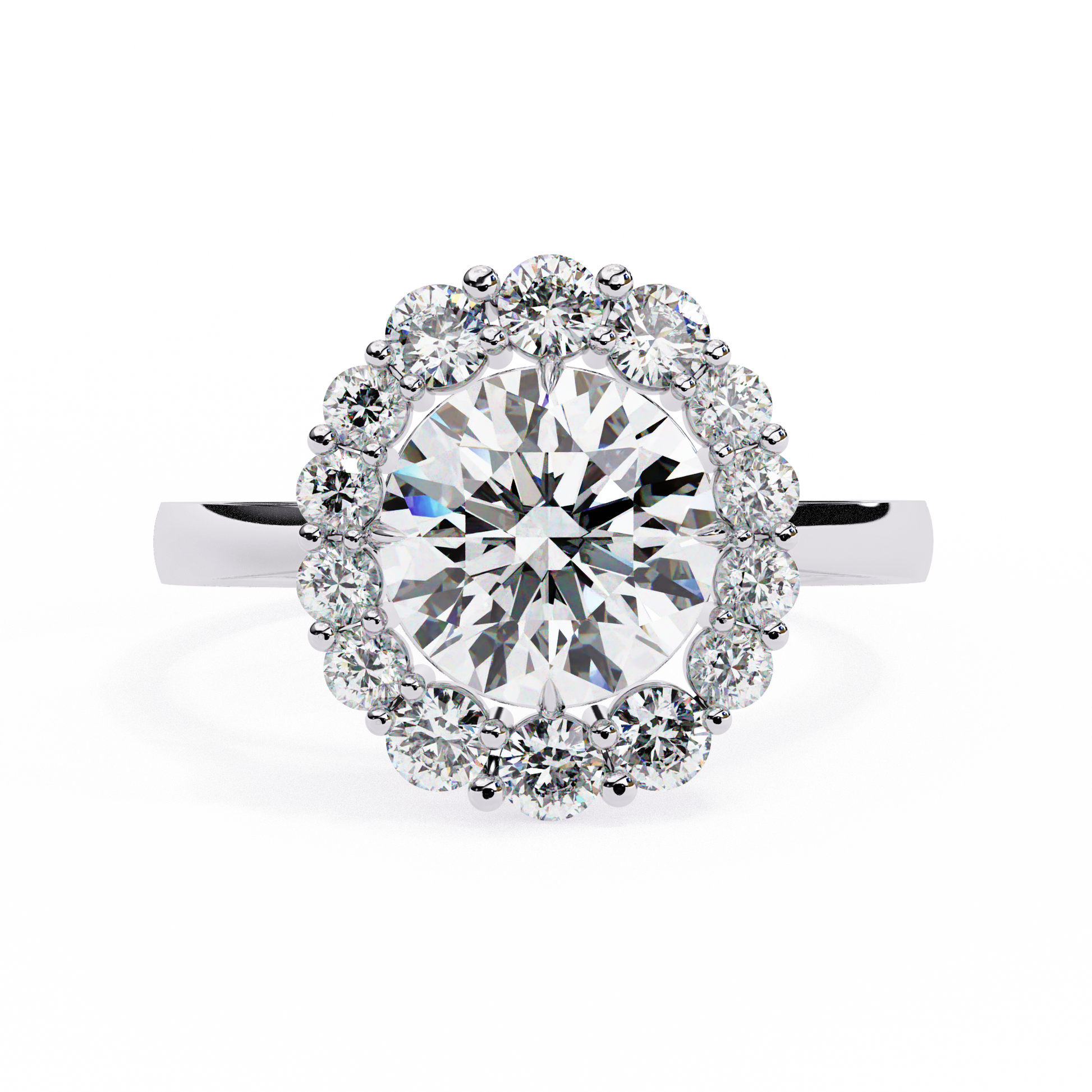 Features a brilliant Round Diamond centre framed by an oversized halo of shimmering accent diamonds