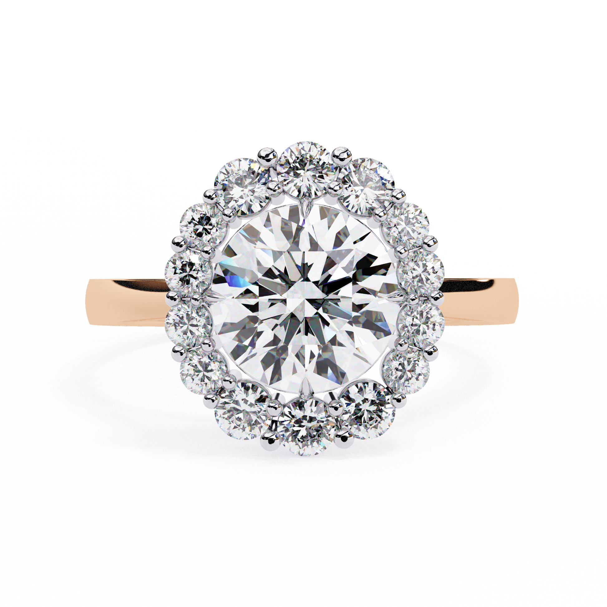 Features a brilliant Round Diamond centre framed by an oversized halo of shimmering accent diamonds