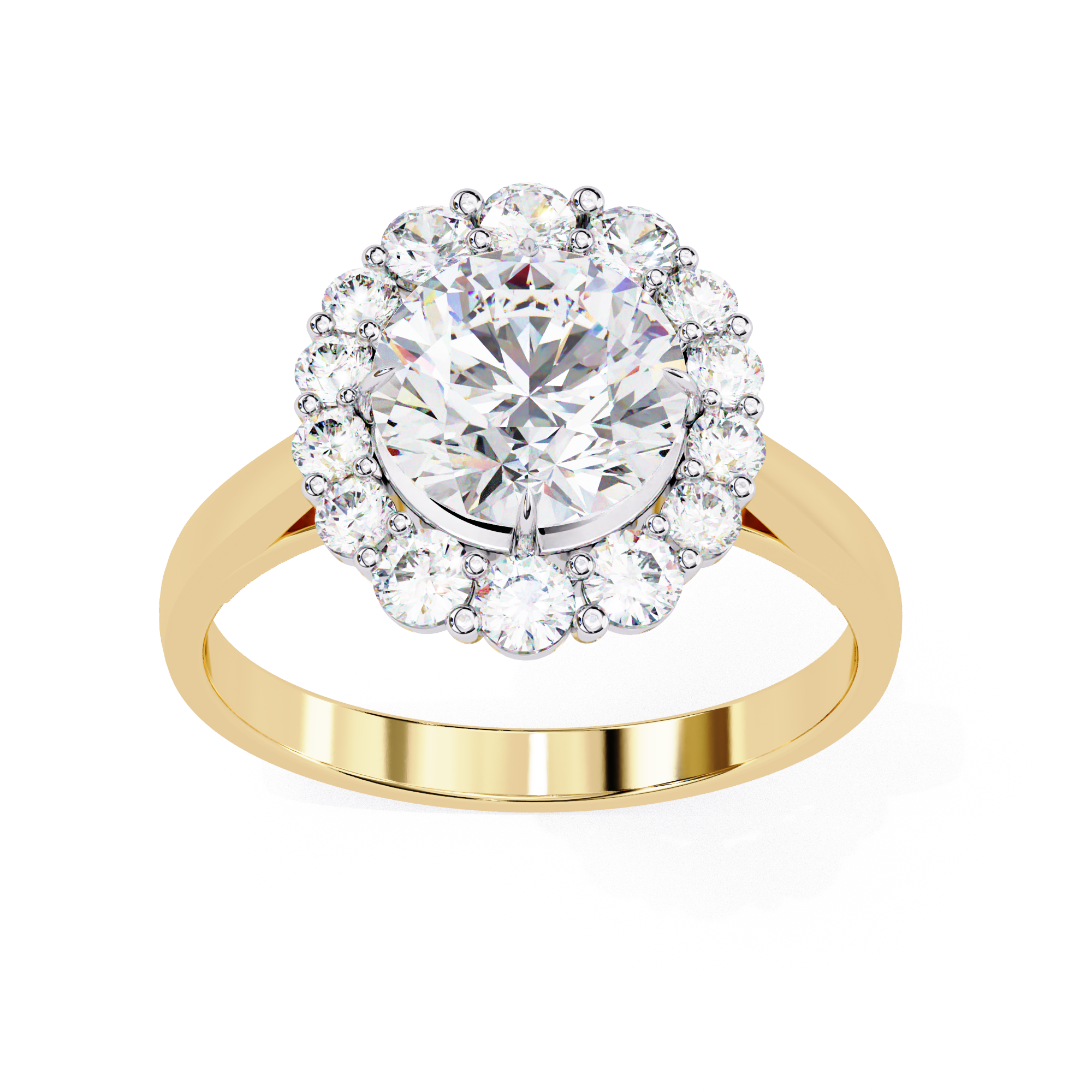 Features a brilliant Round Diamond centre framed by an oversized halo of shimmering accent diamonds
