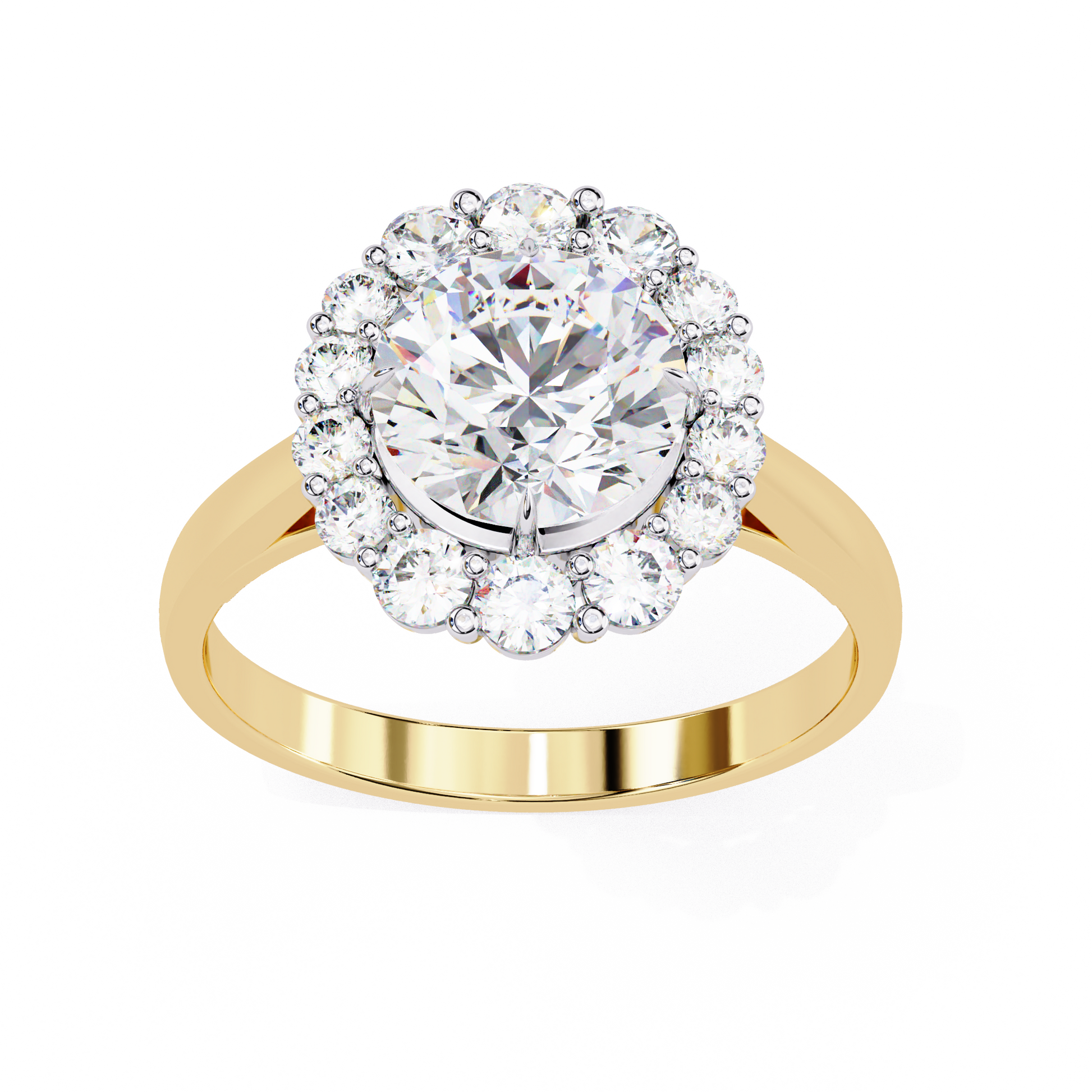 Features a brilliant Round Diamond centre framed by an oversized halo of shimmering accent diamonds
