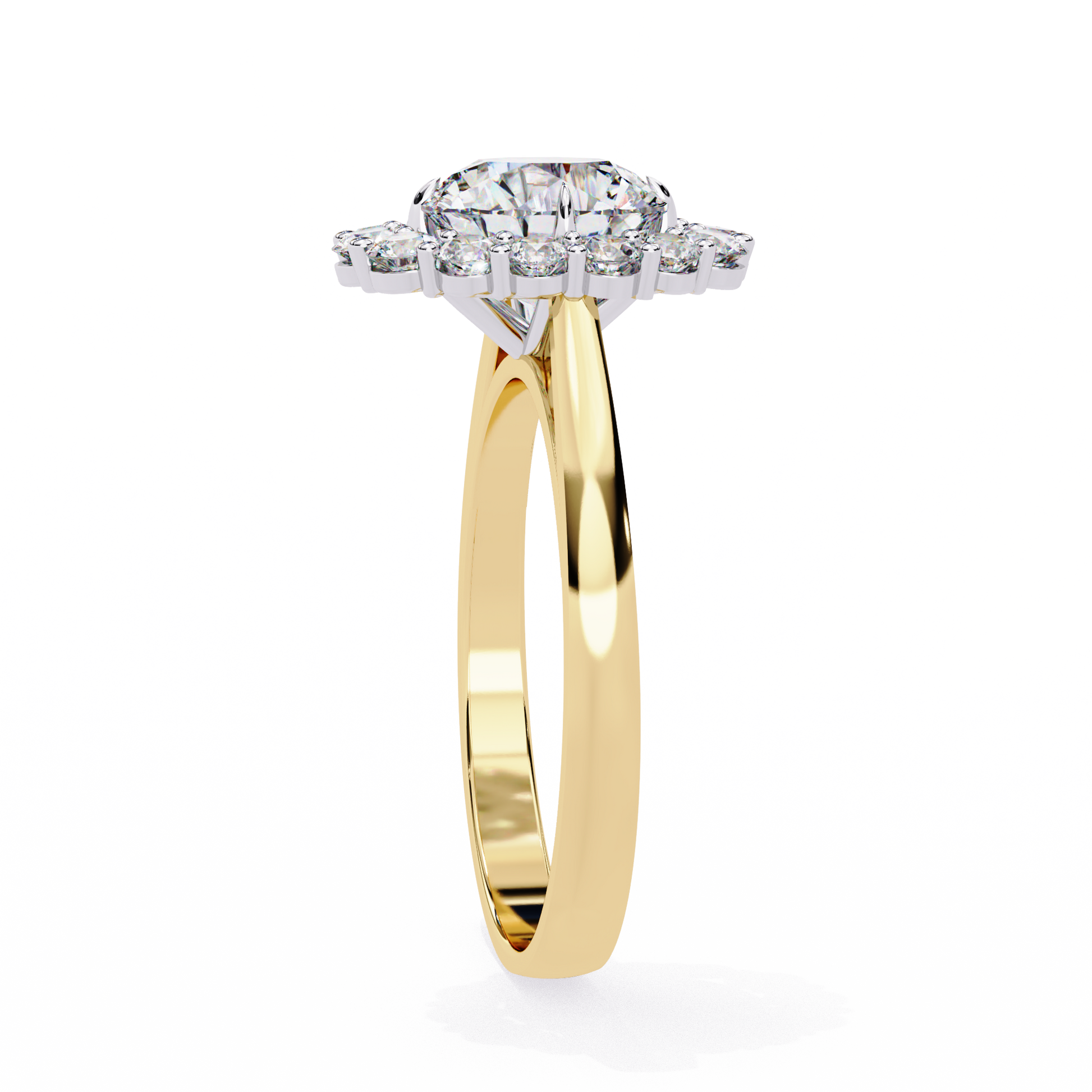 Features a brilliant Round Diamond centre framed by an oversized halo of shimmering accent diamonds