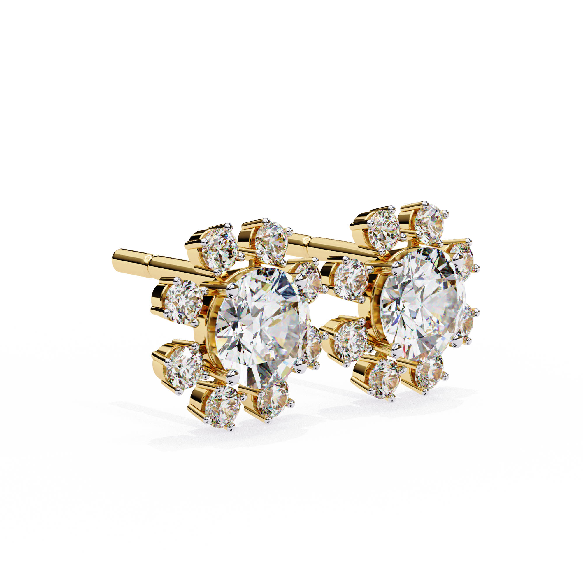 Pair of snowflake-shaped diamond earrings on a white background