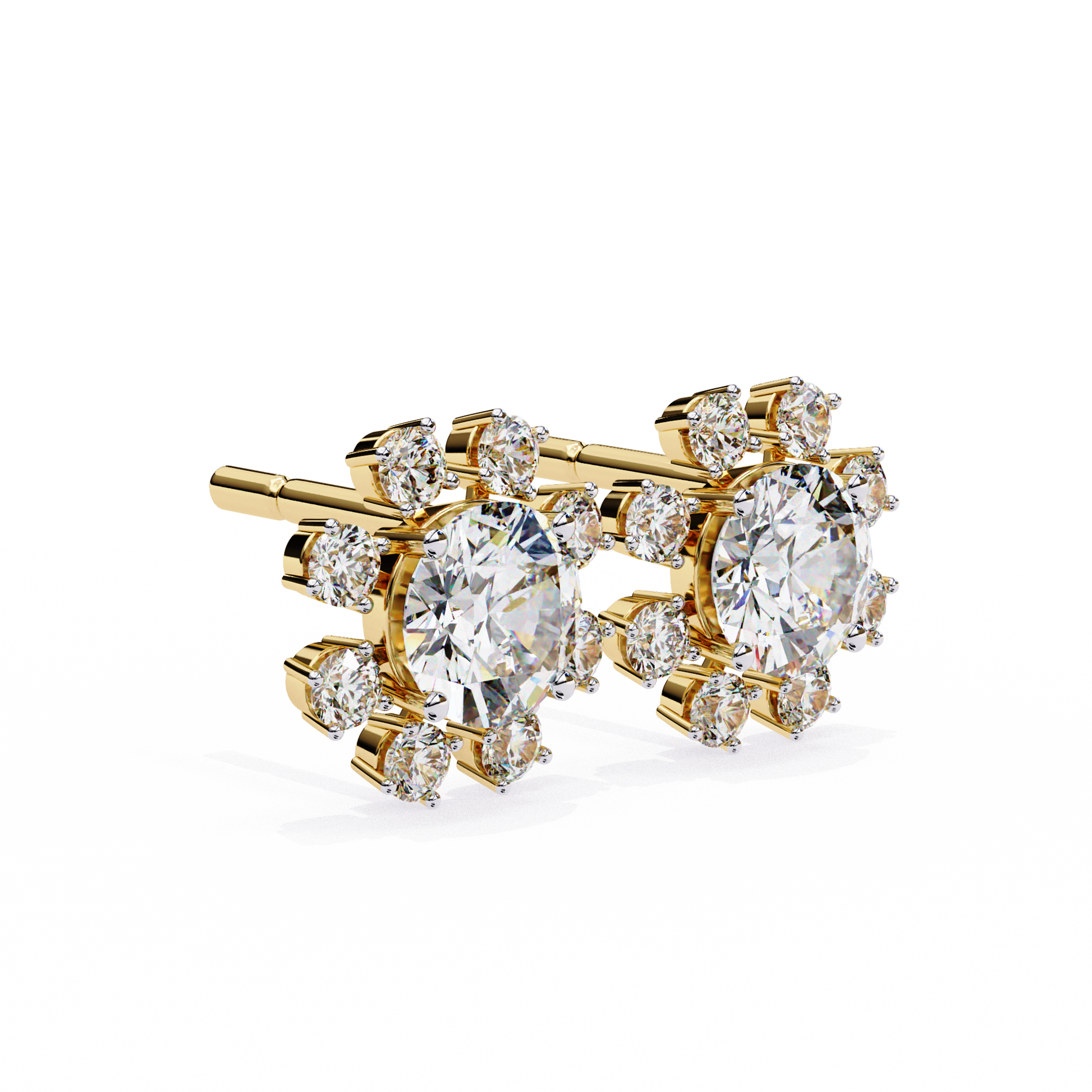 Pair of snowflake-shaped diamond earrings on a white background
