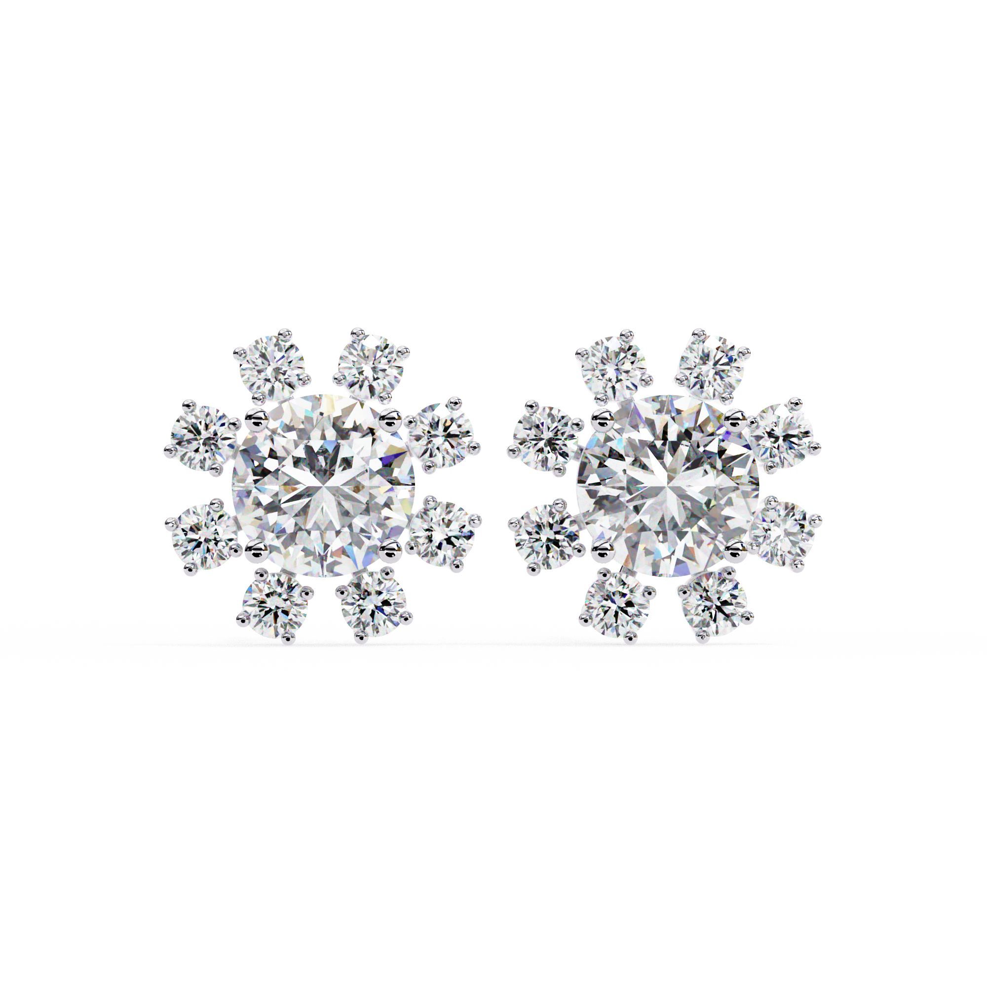 Pair of snowflake-shaped diamond earrings on a white background