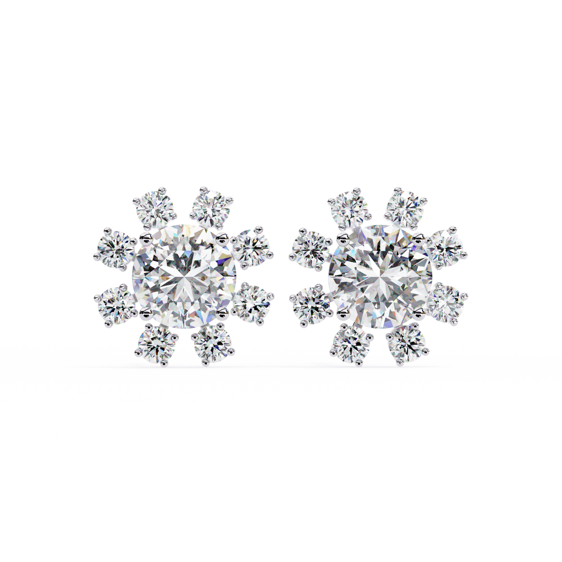 Pair of snowflake-shaped diamond earrings on a white background