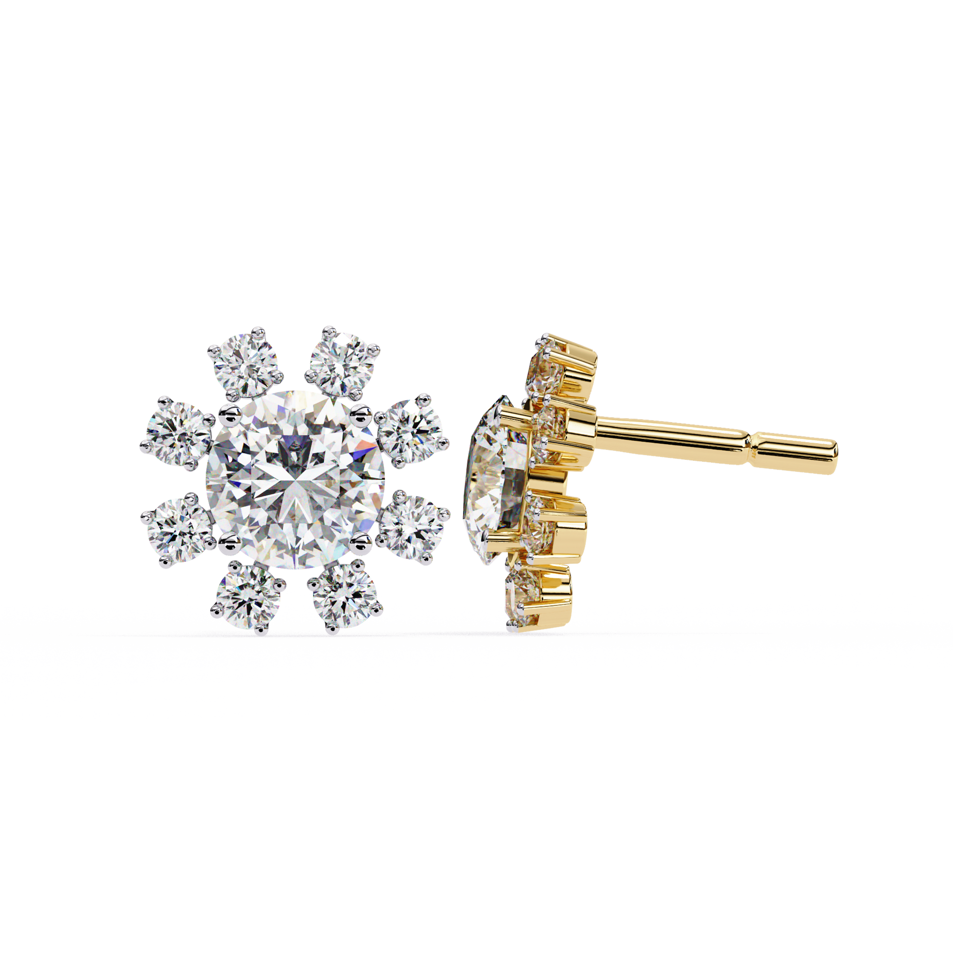 Gold snowflake-shaped earrings on a white background