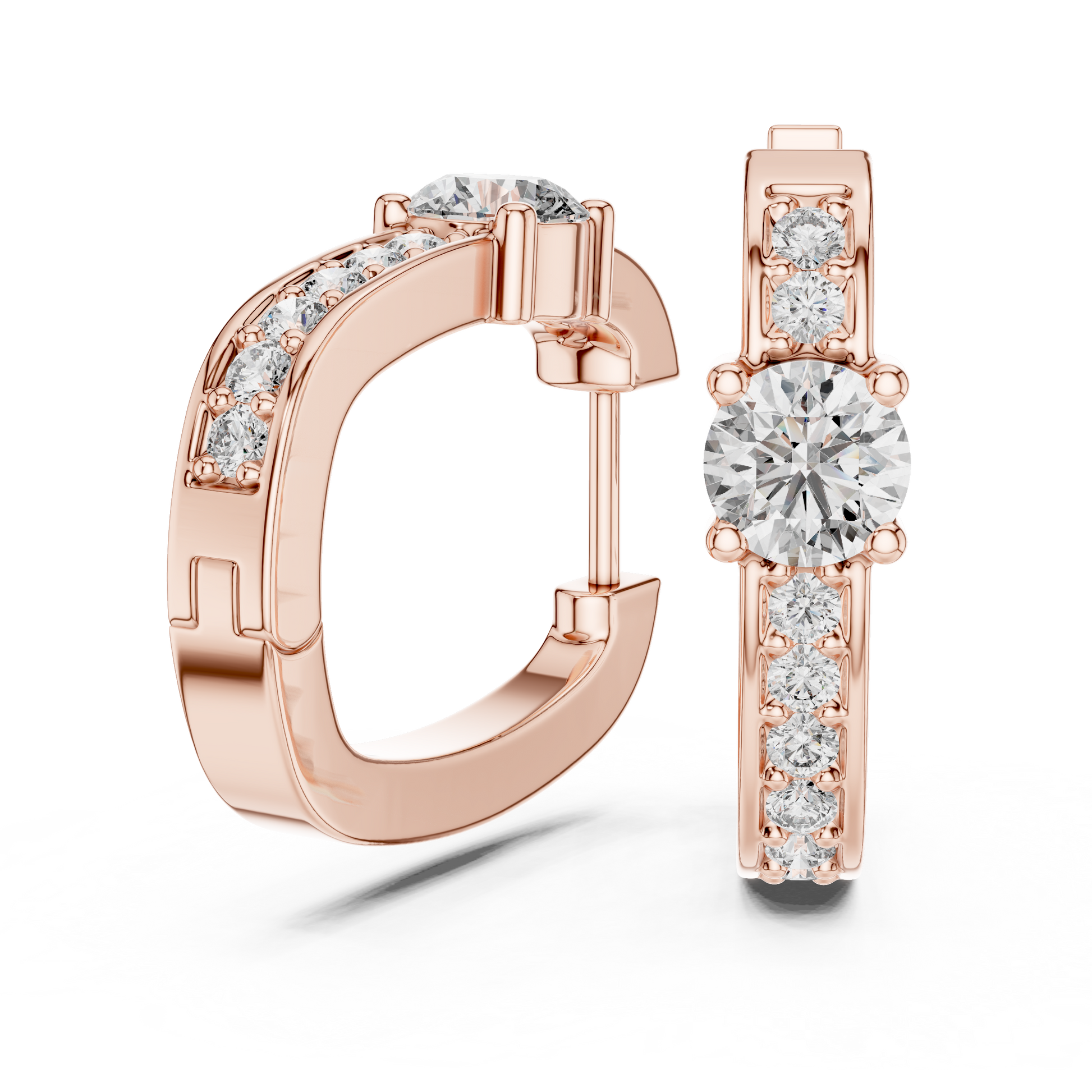 Rose gold hoop earrings with diamond accents on a white background