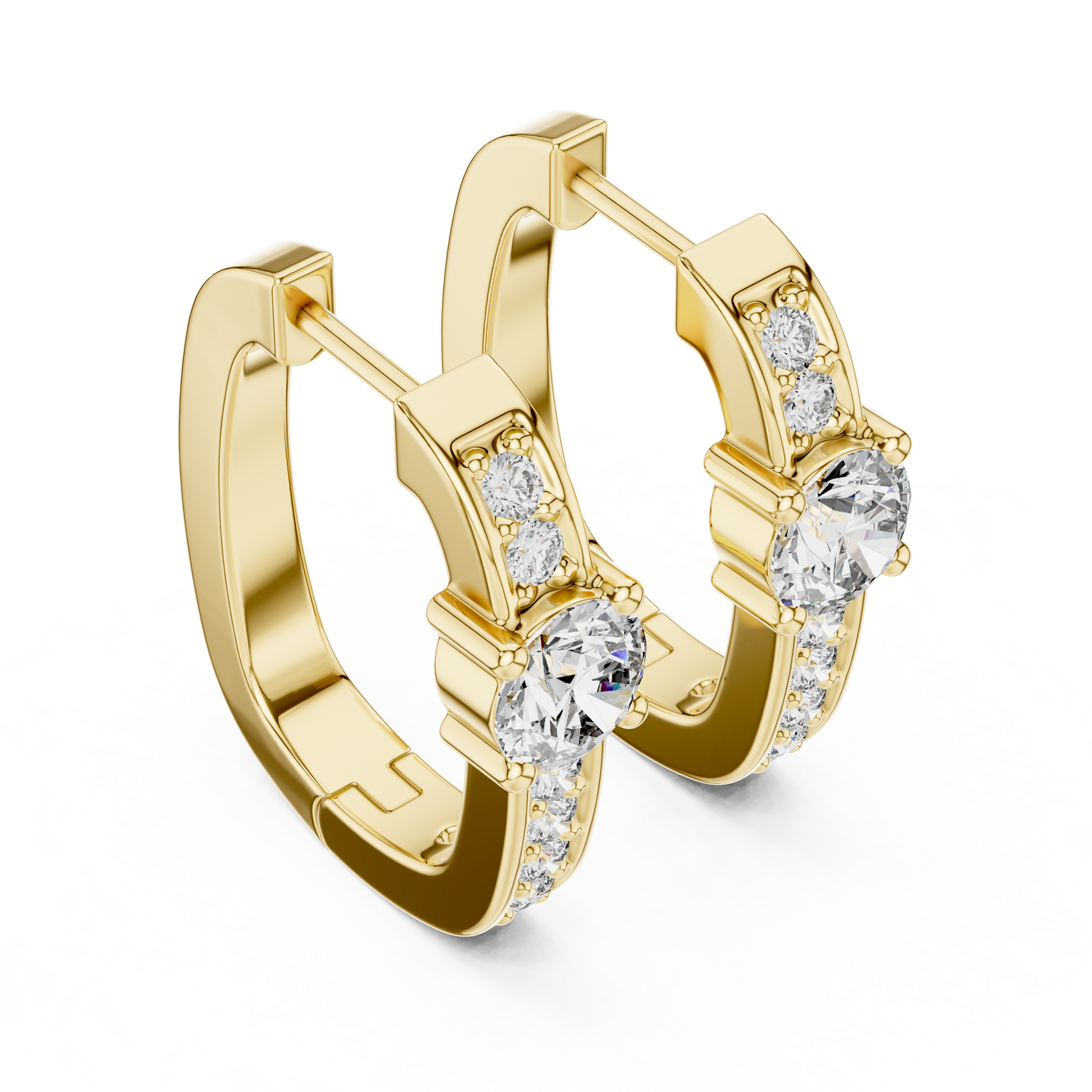 Gold earrings with diamond accents on a white background