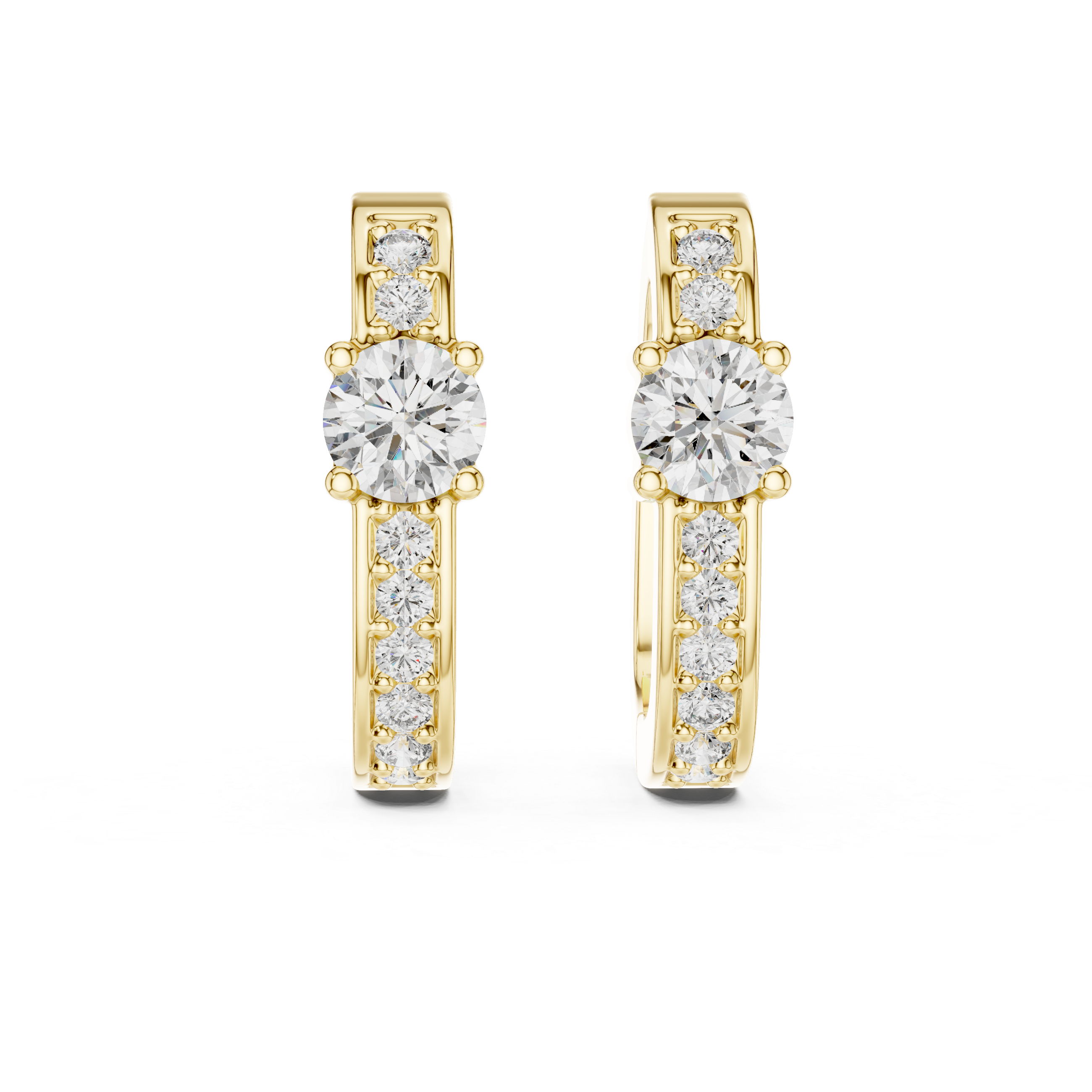 Gold earrings with diamond accents on a white background