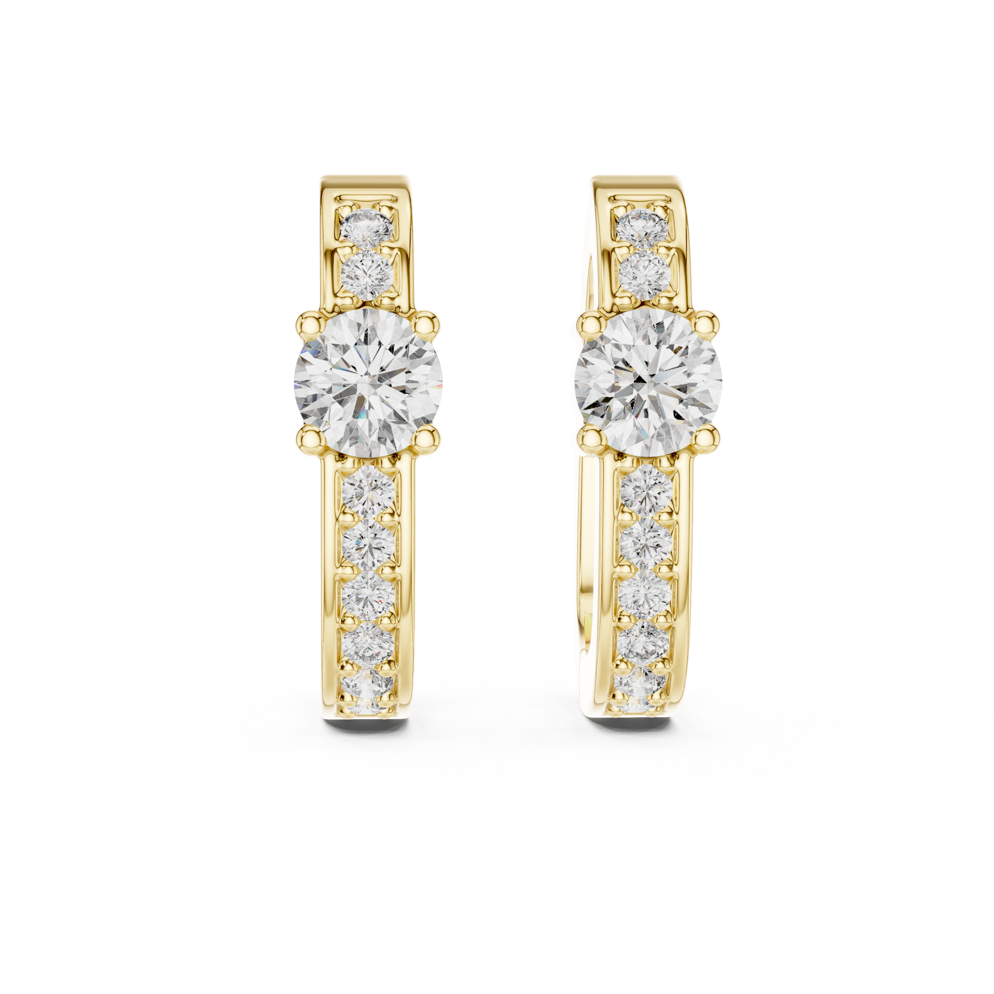 Gold earrings with diamond accents on a white background