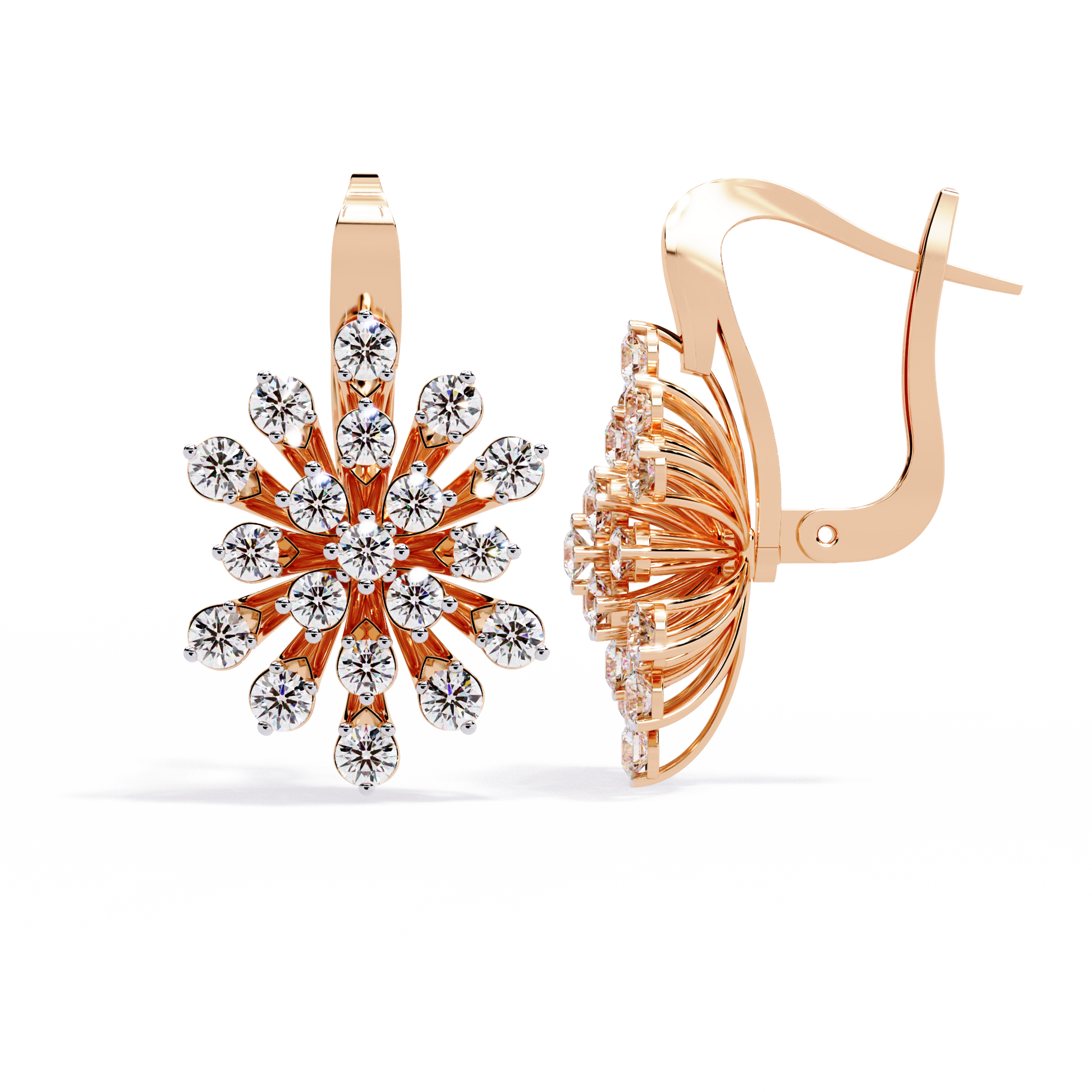 Rose Gold and diamond snowflake earrings on a white background