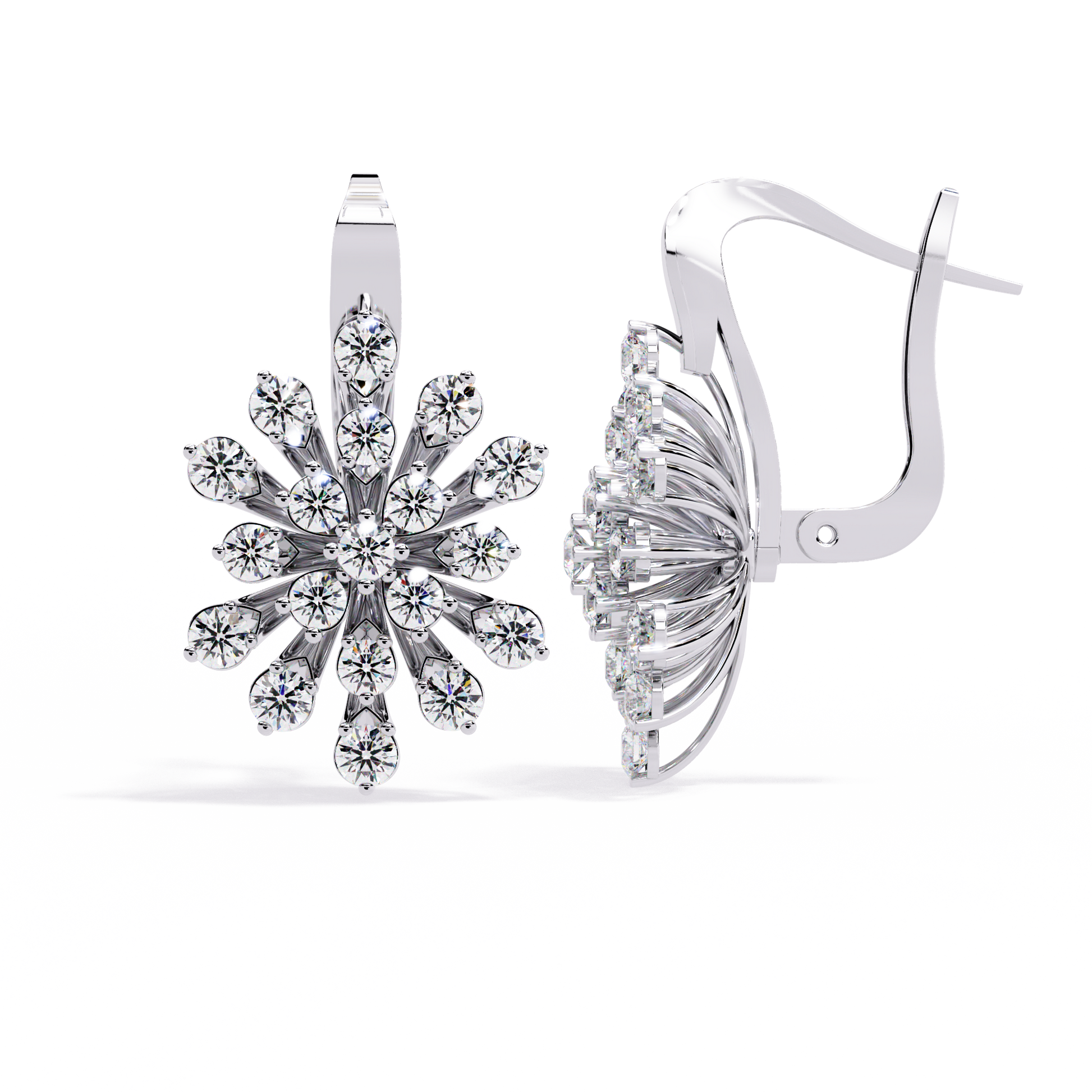 Silver snowflake-shaped earrings on a white background