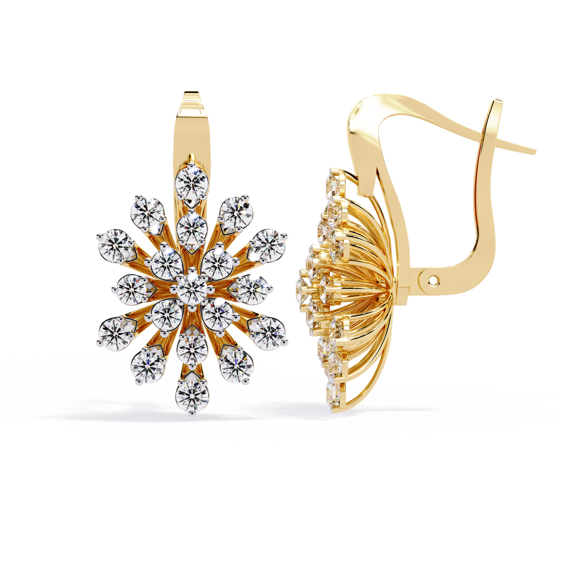 Gold and diamond snowflake earrings on a white background