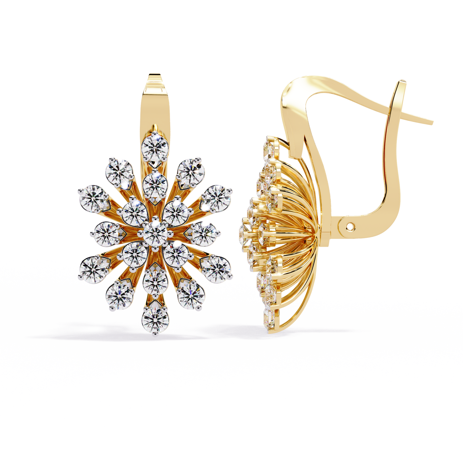 Gold and diamond snowflake earrings on a white background