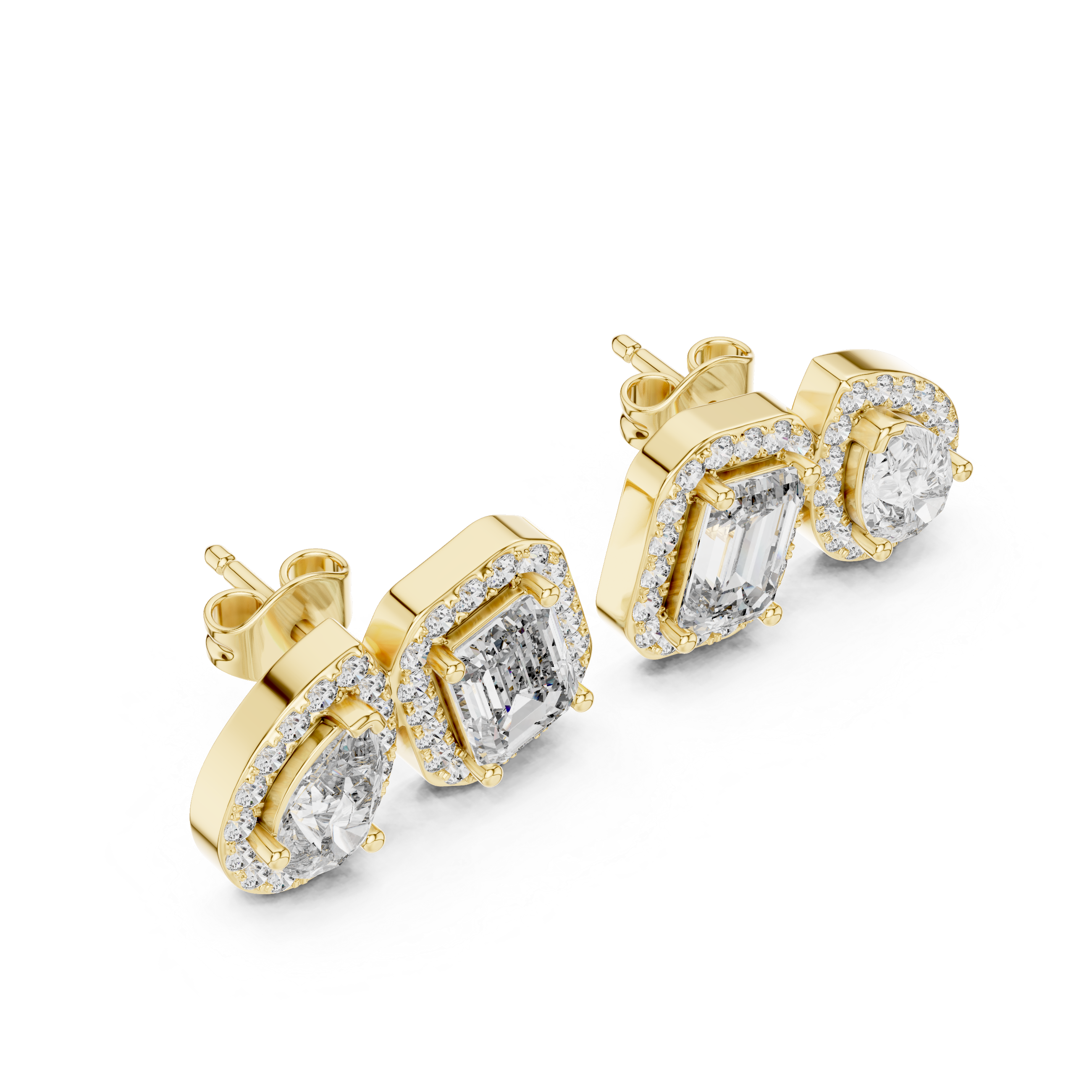 Pair of diamond earrings with emerald-cut stones on a white background