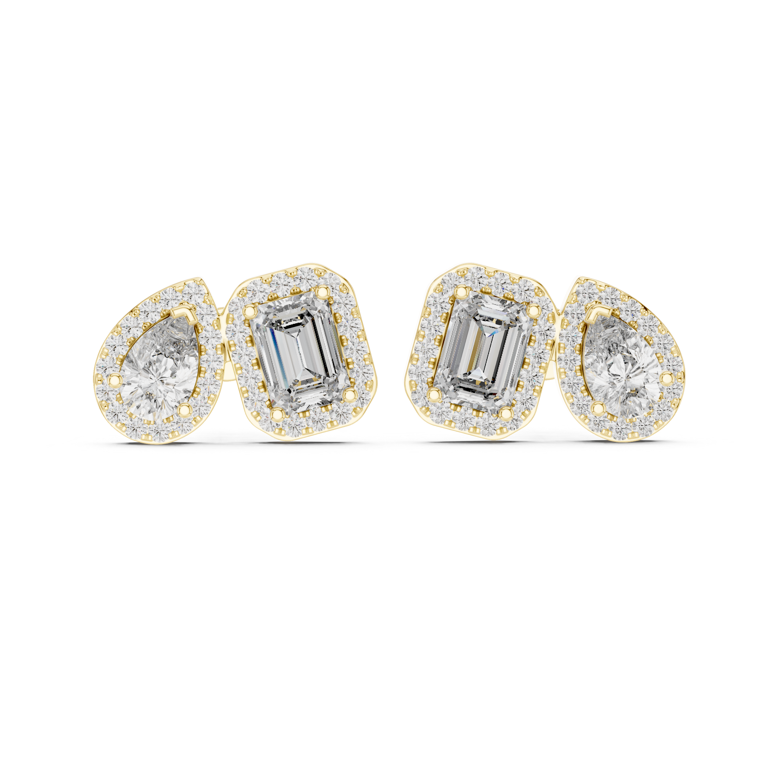 Pair of diamond earrings with emerald-cut stones on a white background