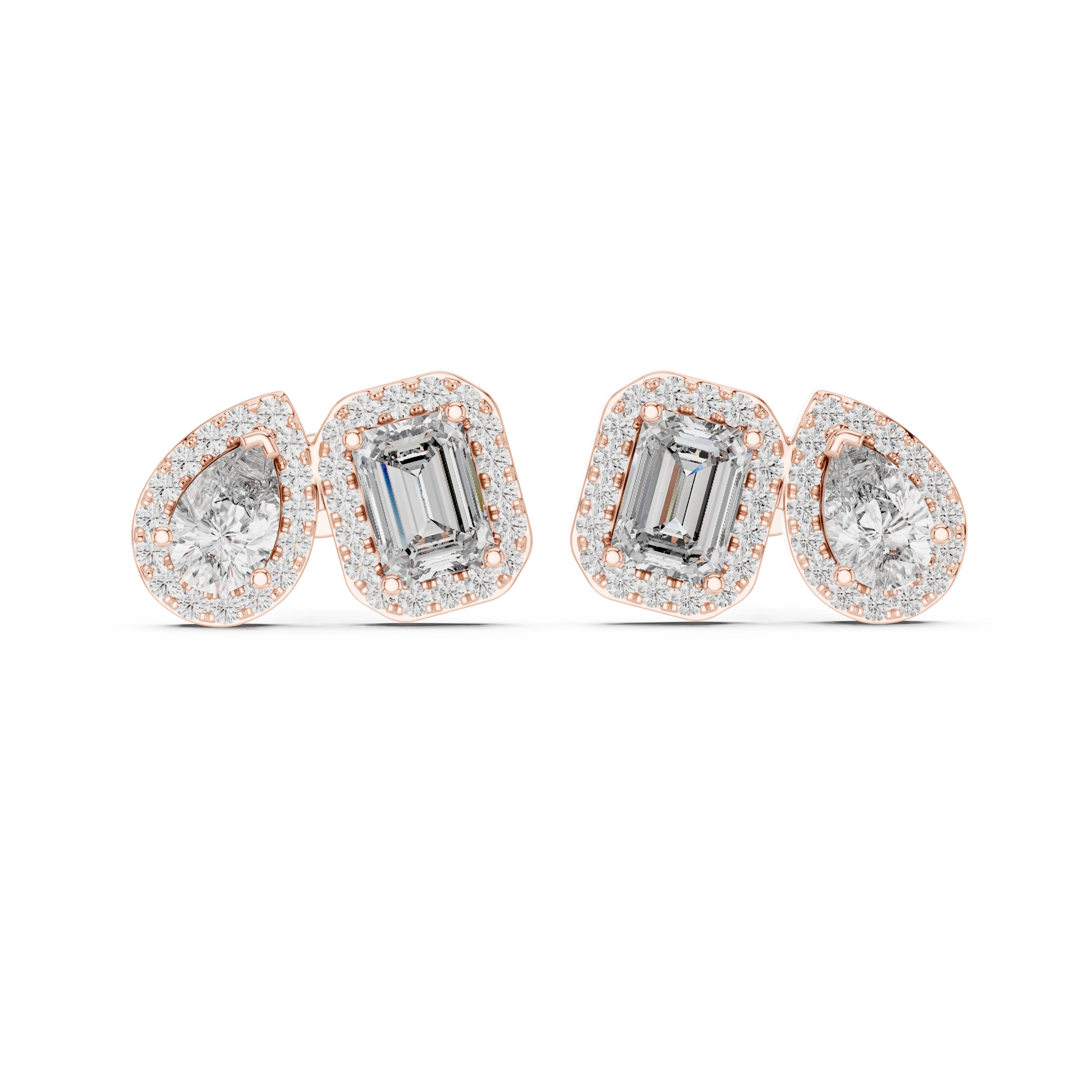 Pair of diamond earrings with rose gold accents on a white background