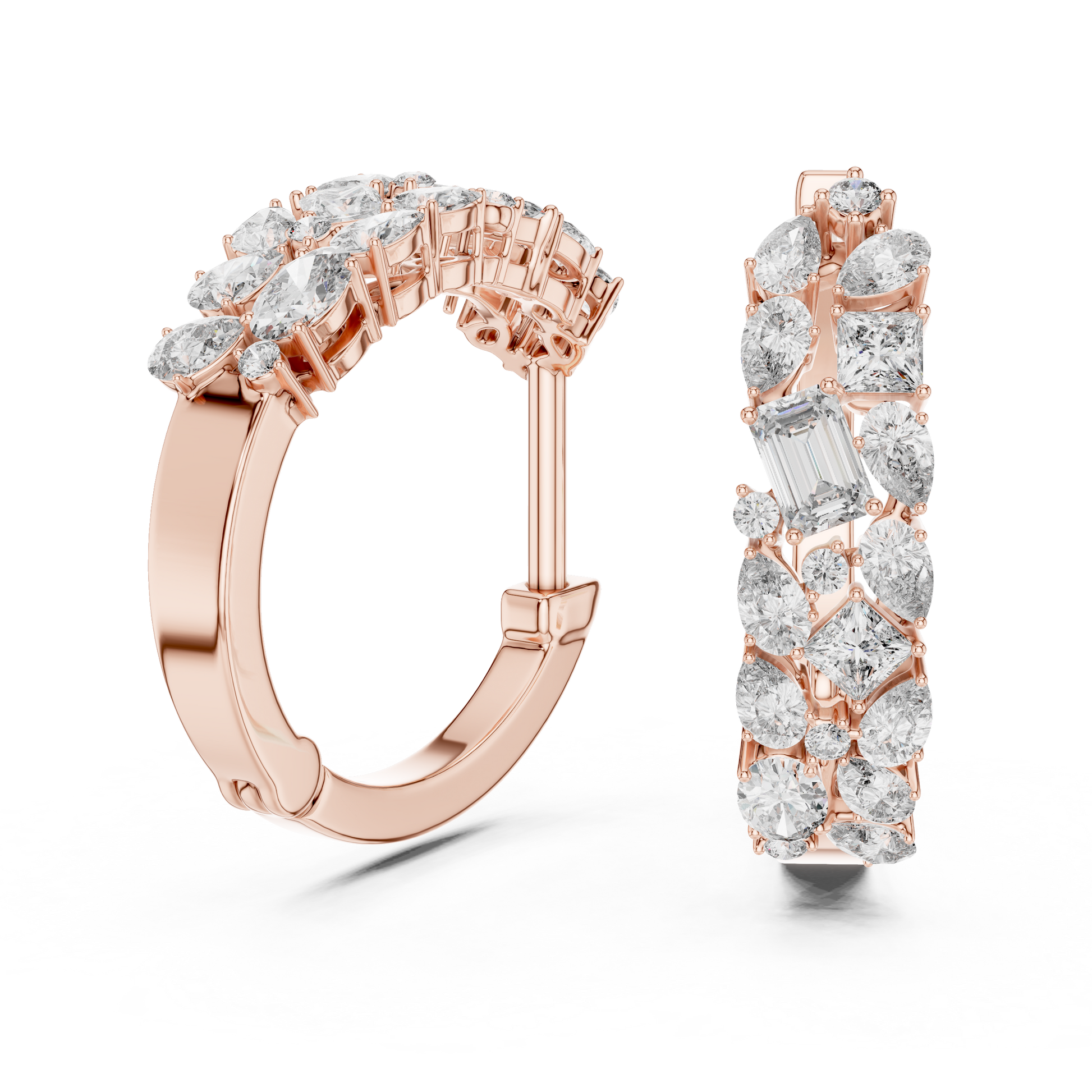 Rose gold hoop earrings with diamond accents on a white background